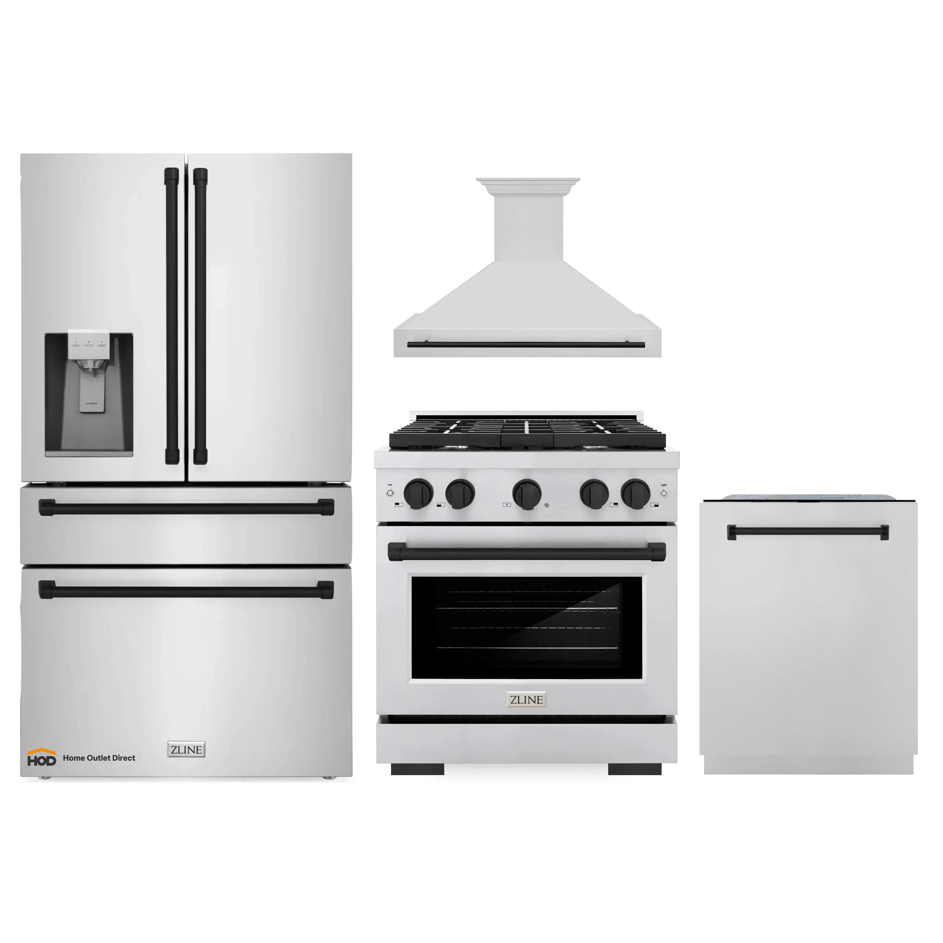 ZLINE Autograph Edition 4-Piece Appliance Package - 30-Inch Gas Range, Refrigerator with Water Dispenser, Wall Mounted Range Hood, & 24-Inch Tall Tub Dishwasher in Stainless Steel with Matte Black Trim (4AKPR-SGRRHDWM30-MB)