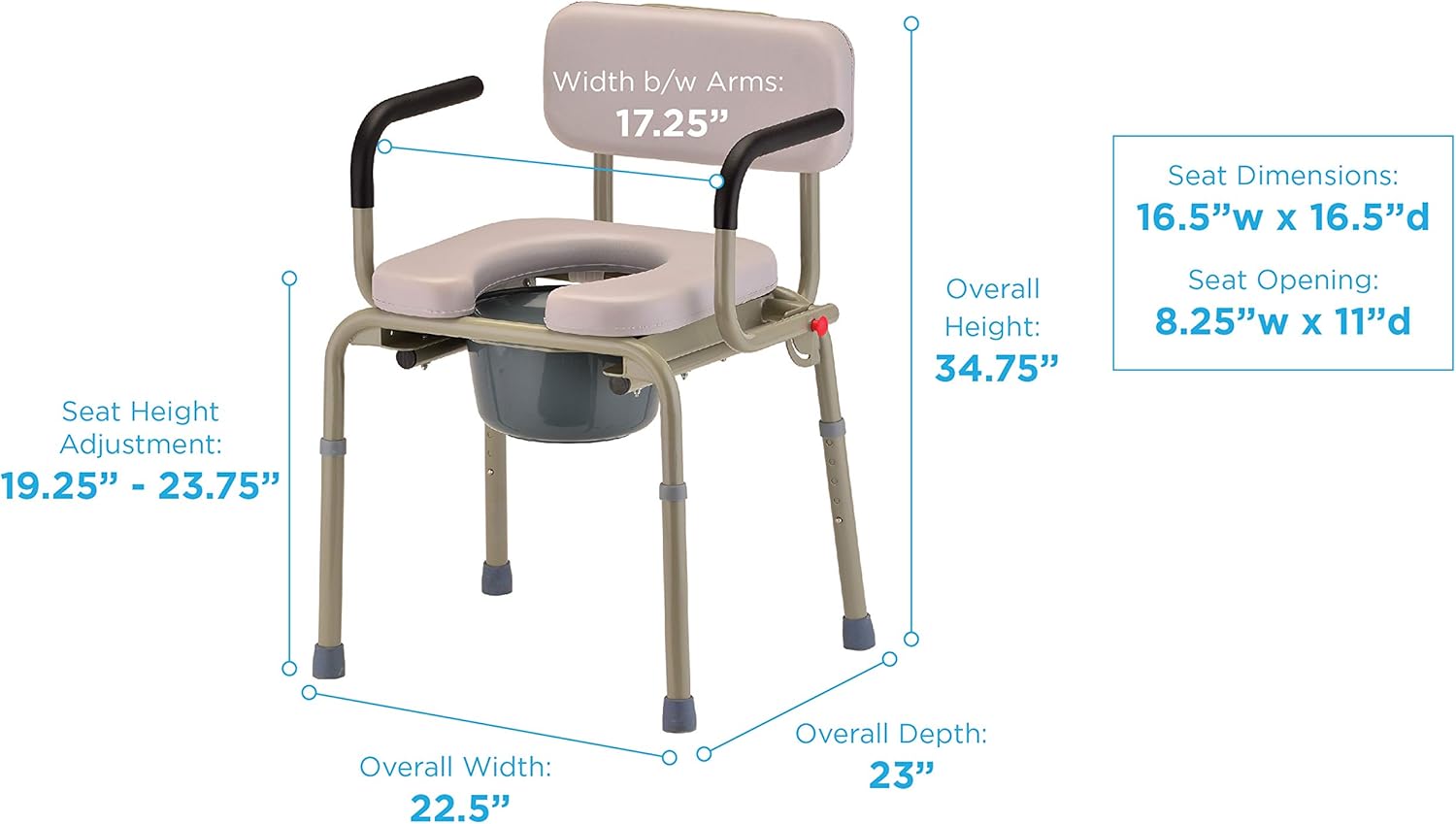 NOVA Medical Products Drop Arm Commode with Padded Seat and Back, Drop Down Arms for Easy Transfer, Stand Alone Bed Side Commode and Over The Toilet Commode, Comes with Bucket, Lid and Slash Guard Gray 1 Count