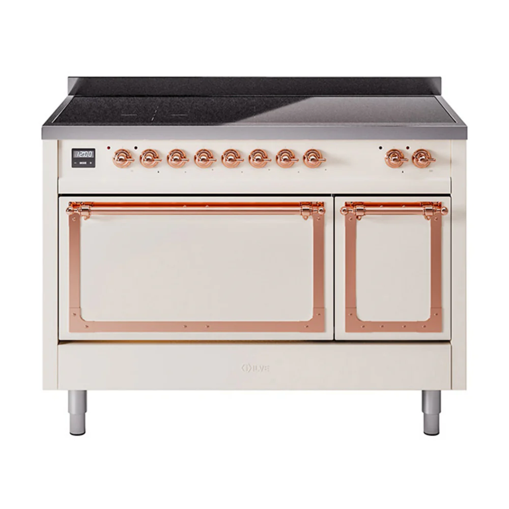 ILVE Nostalgie II Noblesse 48-Inch Induction Range with Solid Door Oven in Antique White with Copper Trim (UNI486QNMPAWP)
