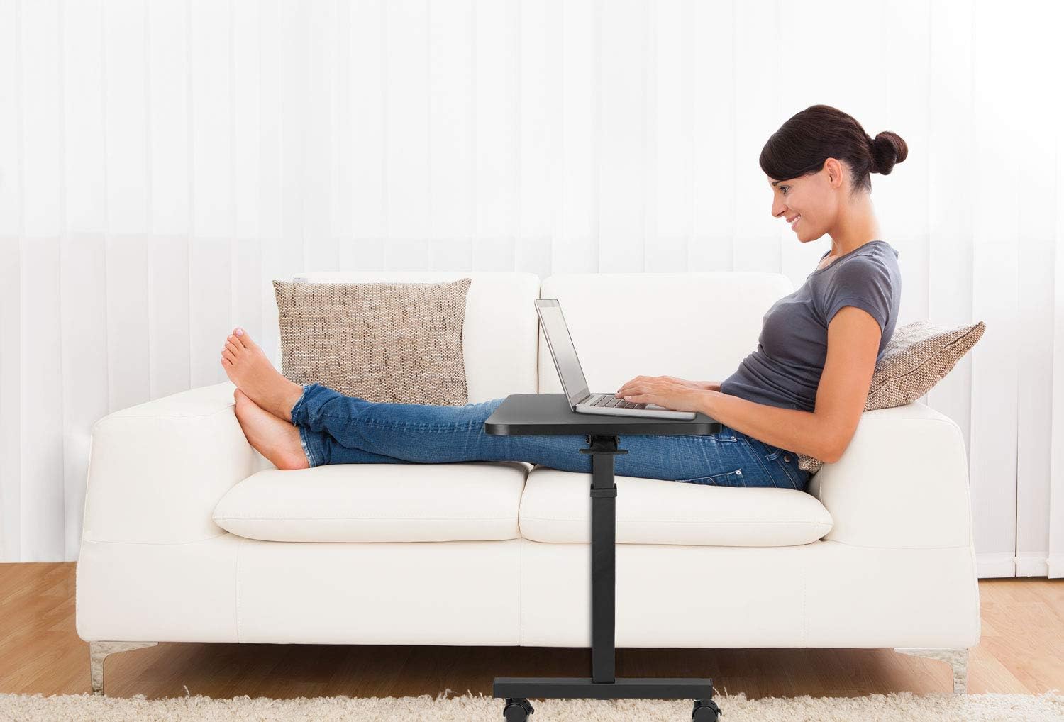 Mount-It! Overbed Table with Wheels | Flat Rolling Bed Side Tray Table for Medical or in-Home Use | Height Adjustable Hospital Table with Locking Casters