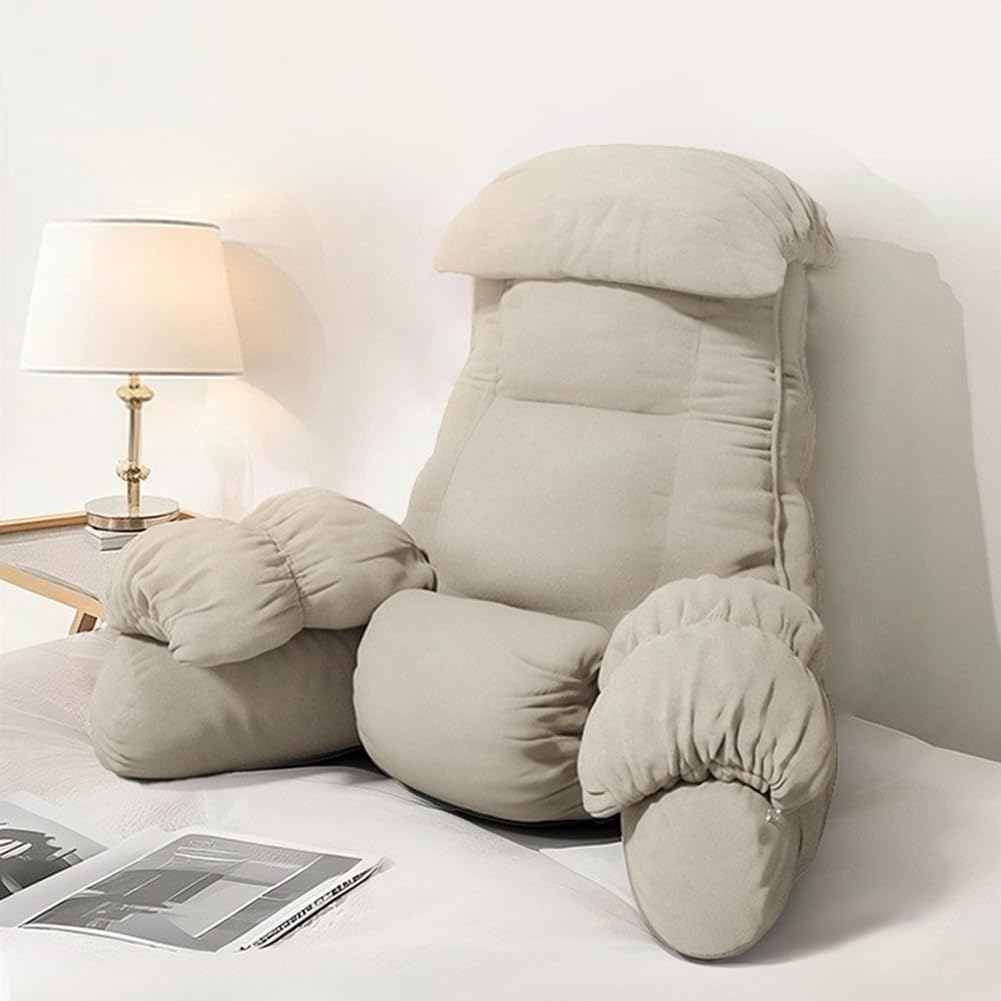 Backrest Reading Bed Rest Pillow with Arms - Removable Washable Cover, Back Support Wedge Cushion for Neck & Lumbar, Headboard Pillow for Bed Sitting Up, Floor Pillow (Khaki02, Medium)