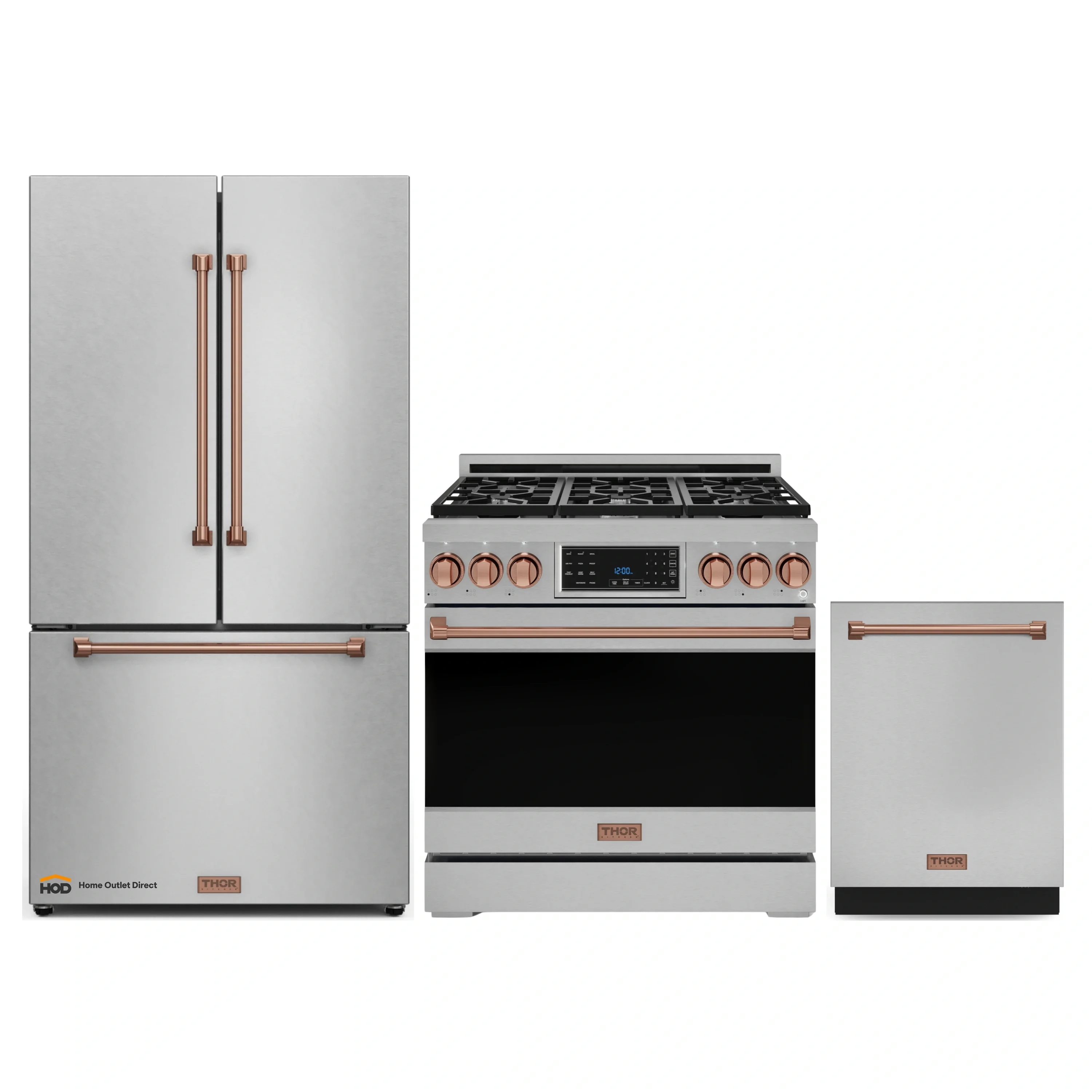 Gordon Ramsay by Thor Kitchen 3-Piece Appliance Package - 36-Inch Gas Range with Tilt Panel, 36-Inch Refrigerator, and Dishwasher in Stainless Steel with Rose Gold Trim