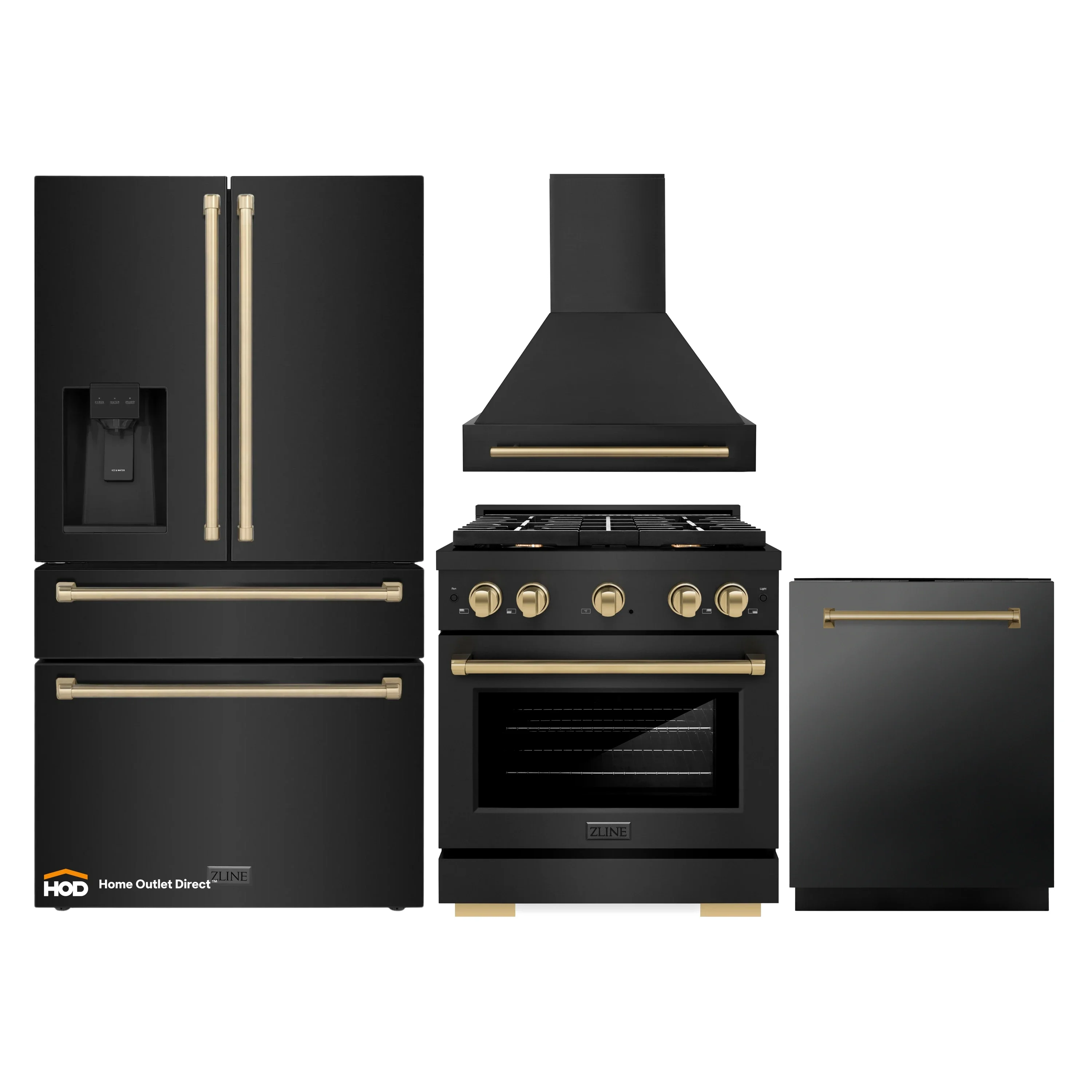 ZLINE Autograph Edition 4-Piece Appliance Package - 30-Inch Gas Range, Refrigerator with Water Dispenser, Wall Mounted Range Hood, & 24-Inch Tall Tub Dishwasher in Black Stainless Steel with Champagne Bronze Trim (4KAPR-SGRBRHDWV30-CB)