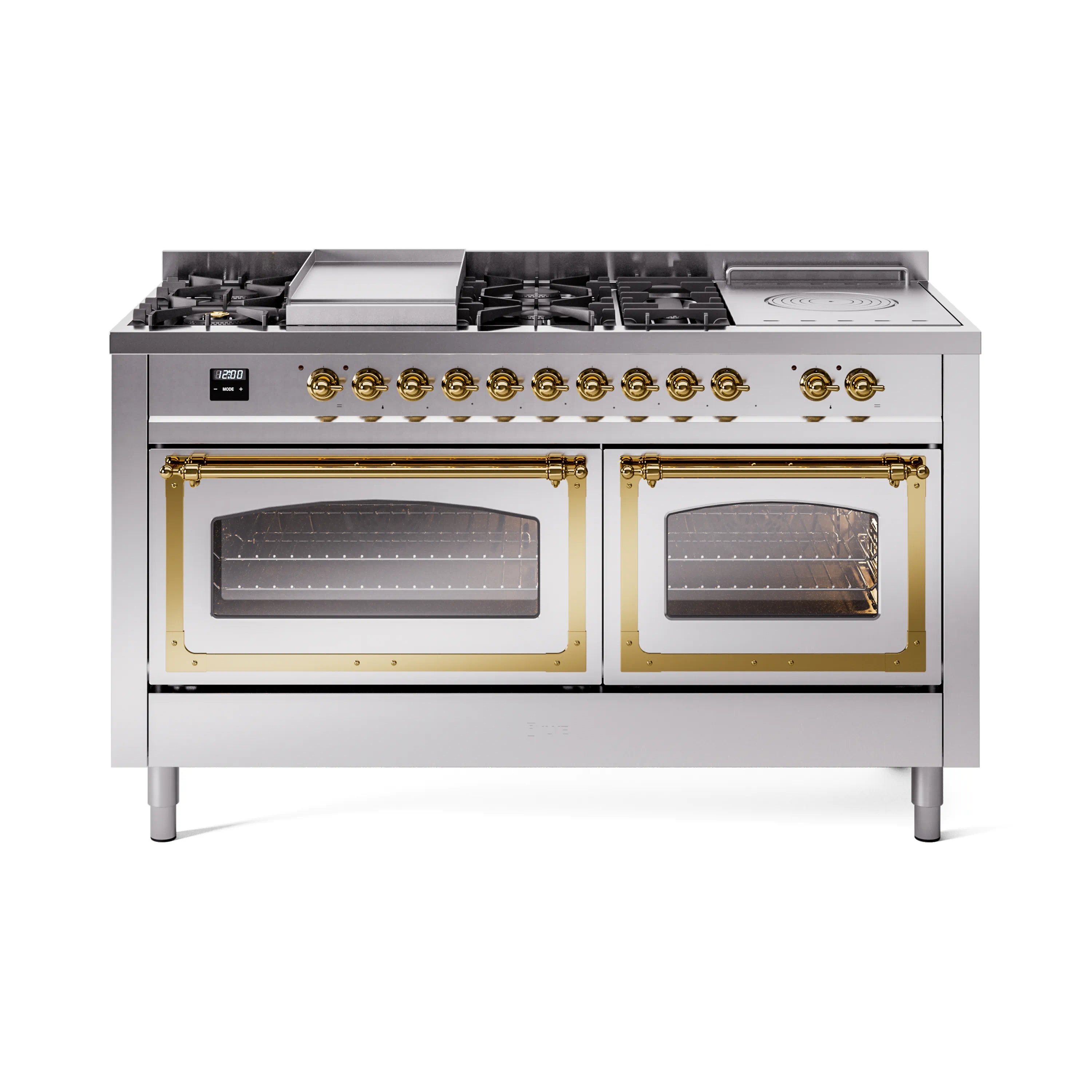 ILVE 60-Inch Nostalgie II Noblesse Dual Fuel Range with 7 Sealed Burners, Griddle, French Top, and Triple Glass Door Oven in Stainless Steel with Brass Trim (UN60FSNMPSSG)