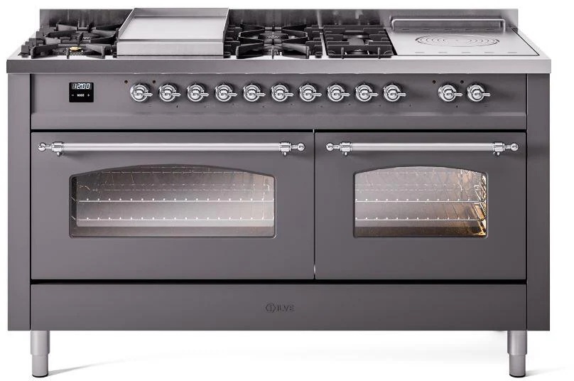ILVE Nostalgie II 60-Inch Dual Fuel Range with 7 Burners, Griddle, & French Top with Triple Glass Door Oven in Matte Graphite with Chrome Trim (UP60FSNMPMGC)