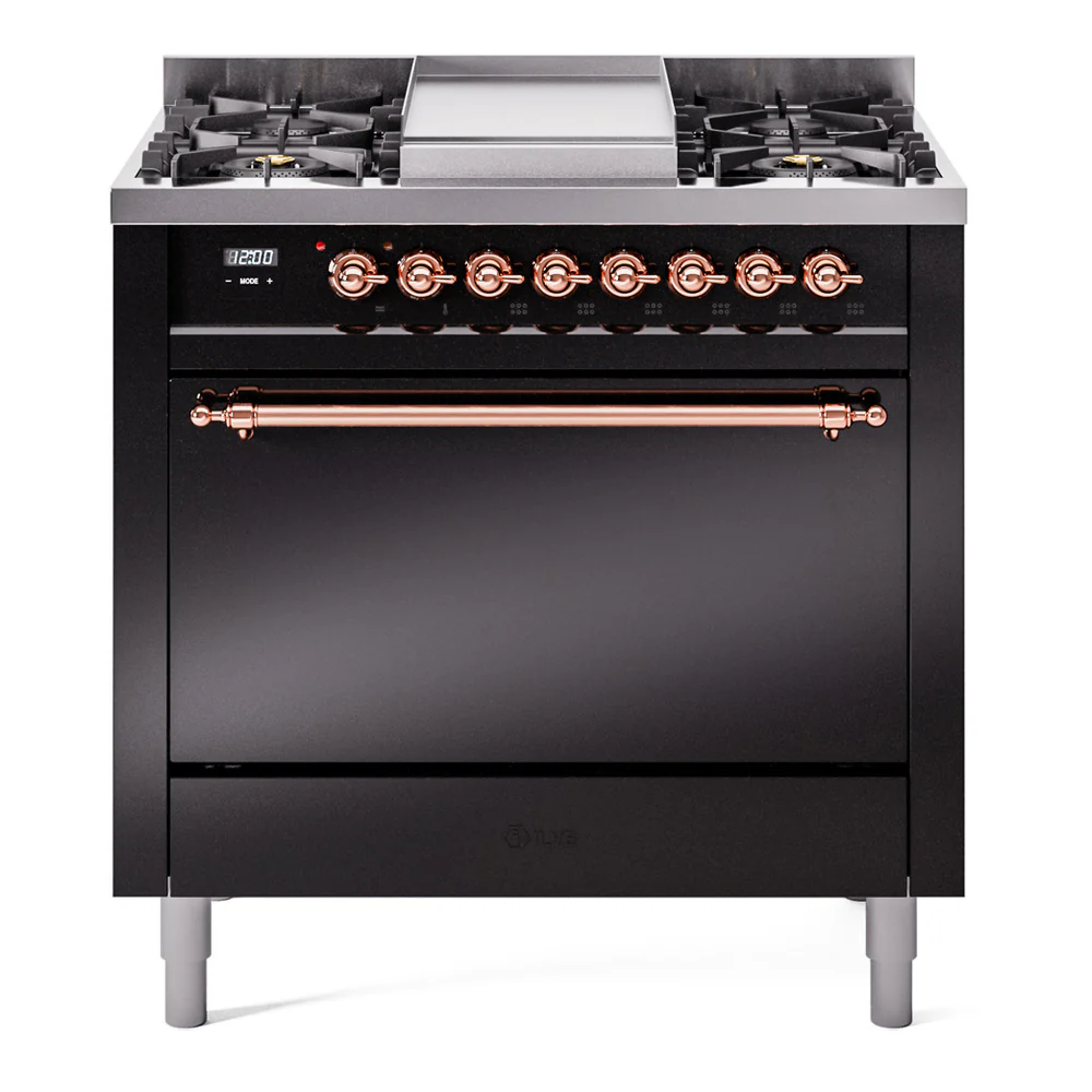 ILVE 36-Inch Nostalgie II Dual Fuel Range with 6 Burners and Solid Door Oven in Glossy Black with Copper Trim (UP36FQNMPBKP)