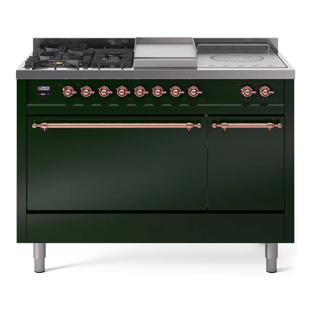 ILVE Nostalgie II 48-Inch Dual Fuel Range with 5 Burners, Griddle, & French Top, with Solid Door Oven in Emerald Green with Copper Trim (UP48FSQNMPEGP)