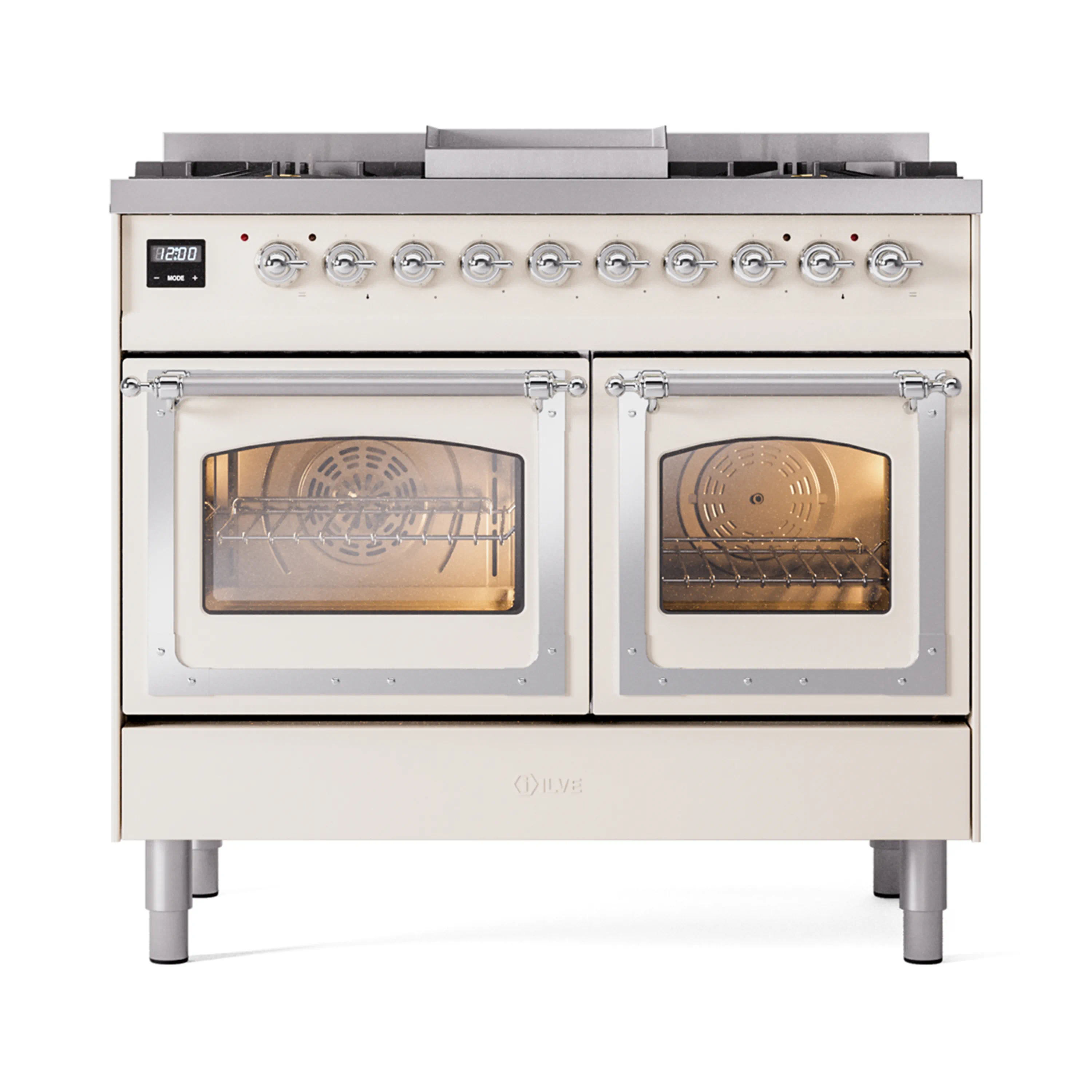 ILVE 40-Inch Nostalgie II Noblesse Dual Fuel Range with Triple Glass Door Oven in Antique White with Chrome Trim (UND40FNMPAWC)
