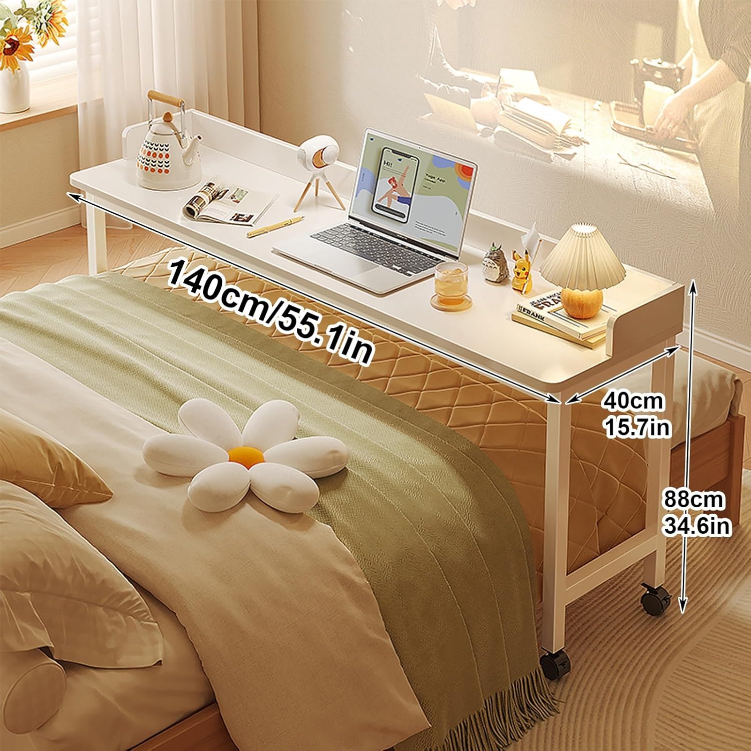 Overbed Table with 360° Wheels, Over The Bed Table, Queen/Full Size Over Bed Desk, Laptop Cart, Rolling Medical Desk W/Heavy Duty Metal Leg, for Bedroom, Hospital (Color : Oak)