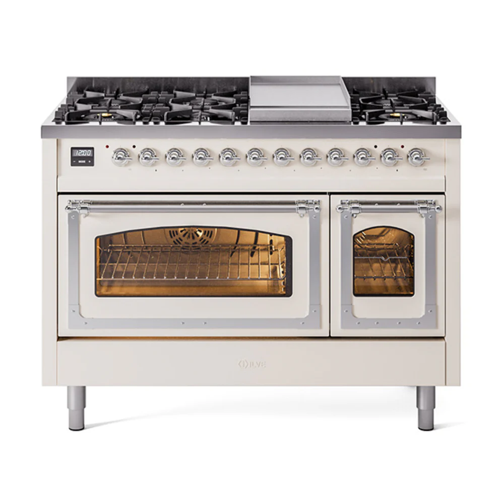 ILVE Nostalgie II Noblesse 48-Inch Dual Fuel Freestanding Range in Antique White with Chrome Trim (UN48FNMPAWC)