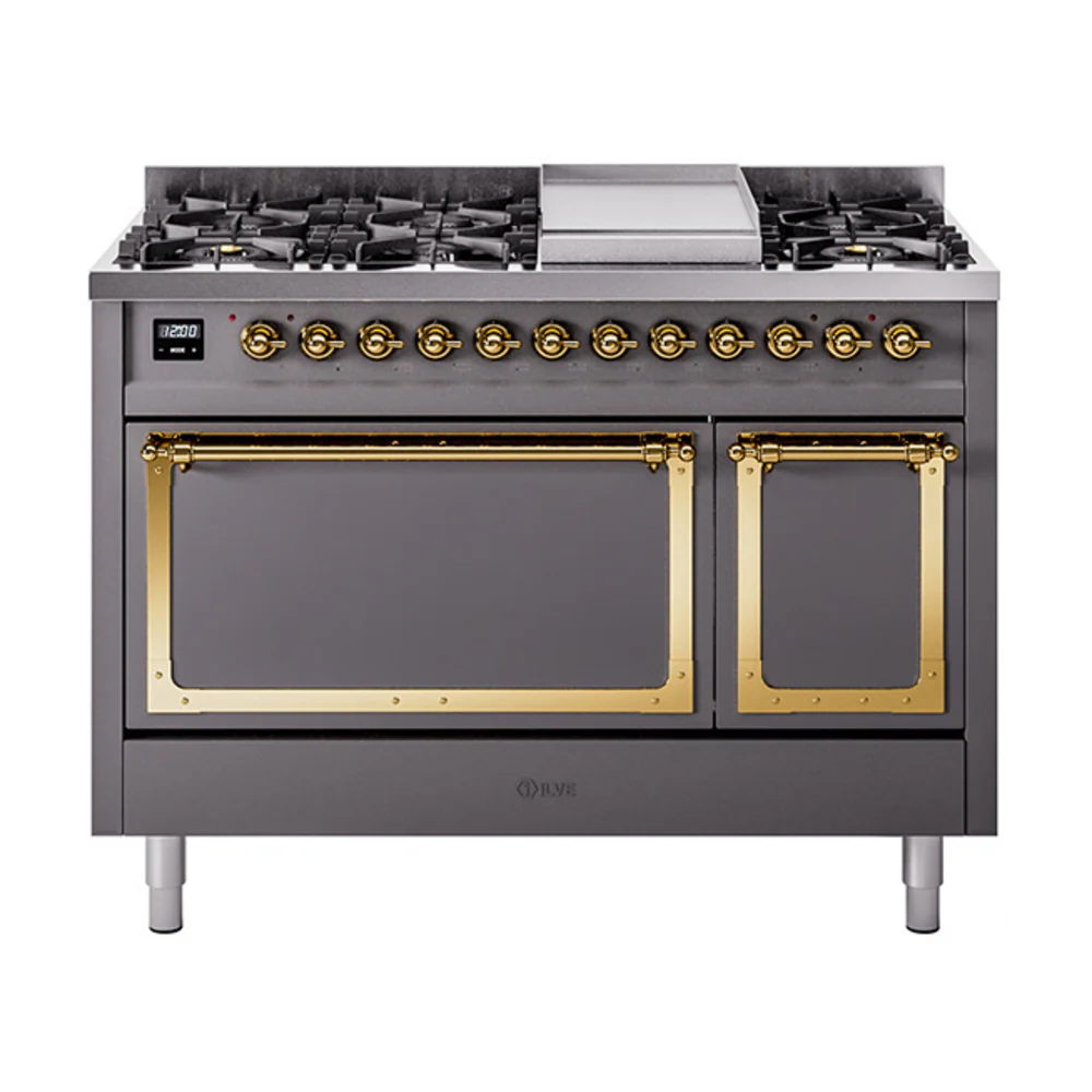 ILVE Nostalgie II Noblesse 48-Inch Dual Fuel Freestanding Range with Solid Door Oven in Matte Graphite with Brass Trim (UN48FQNMPMGG)