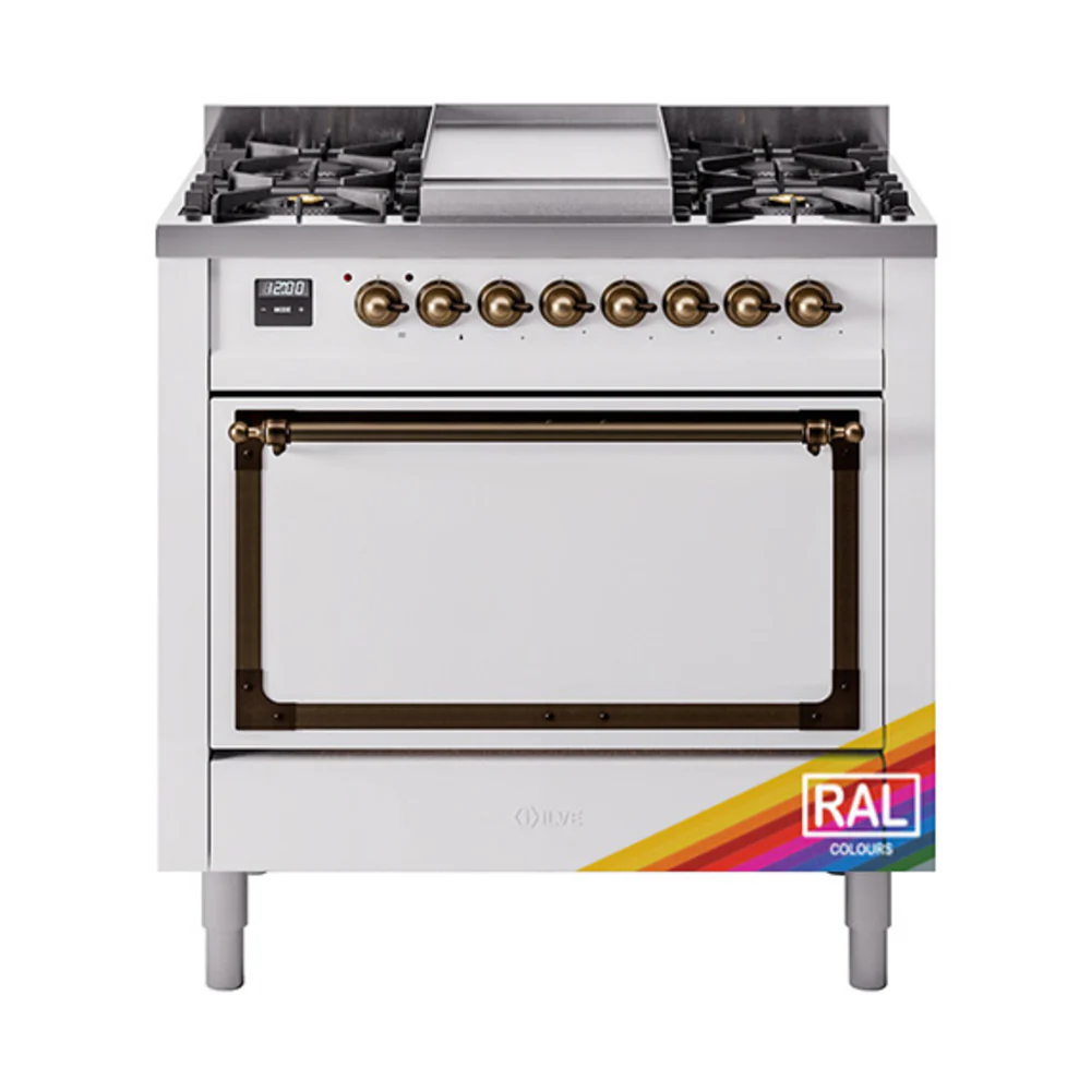 ILVE Nostalgie II Noblesse 36-Inch Dual Fuel Range and Solid Door Oven in Custom RAL with Bronze Trim (UN36FQNMPRAB)