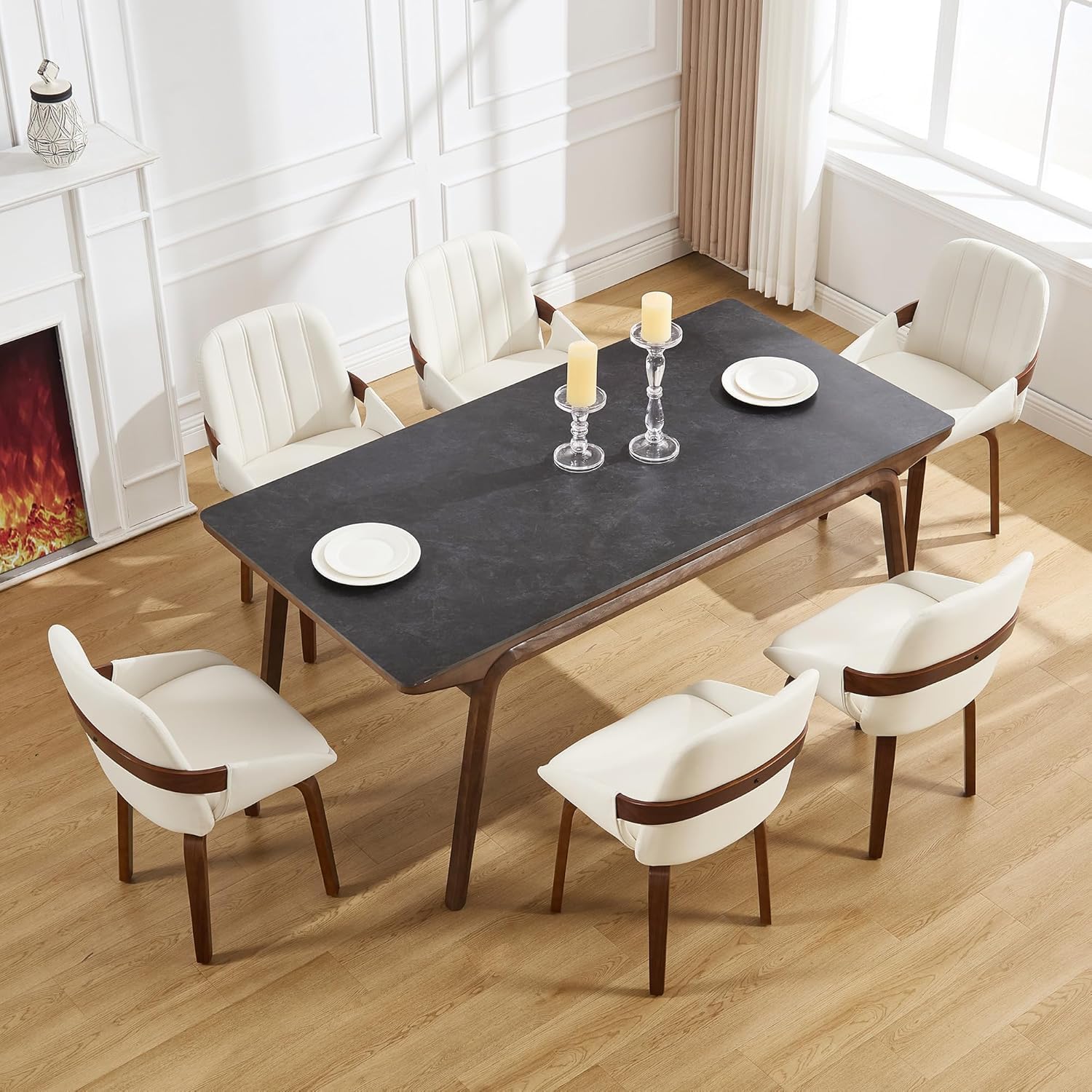 Swivel Dining Chairs,Faux Leather Dining Room Chairs with Arms, Mid Century Modern Upholstered Kitchen Vanity Accent Chair, Walnut Backrest Support & Sturdy Wood Legs (White, Set of 2)