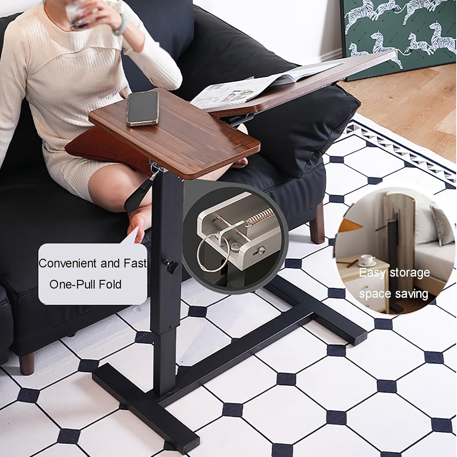 Adjustable Overbed Bedside Table with Wheels, Pneumatic Mobile Standing Laptop Desk, Rolling Computer Cart, Hospital Table Over Bed for Home Use Swivel