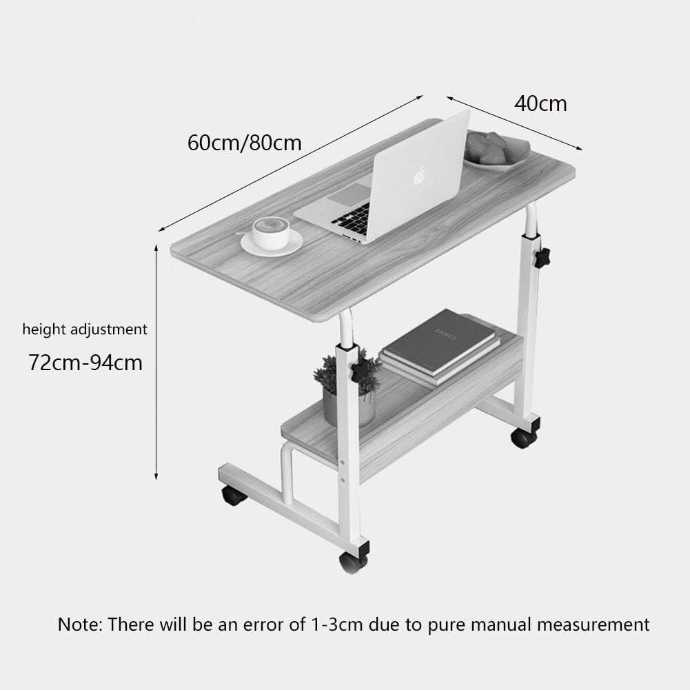 Adjustable Overbed Table with Wheels, Mobile Laptop Desk with Steel Frame, 2-Tier Side Table for Bedside, Office, Home Use(60x40cm)