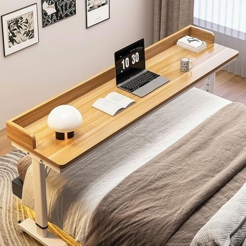 Adjustable Height Overbed Table for Laptop with Wheels, Rolling Bed Desk with Baffles for Home & Hospital Use, Mobile Bedroom Work Table(Light Walnut+White,180cm)
