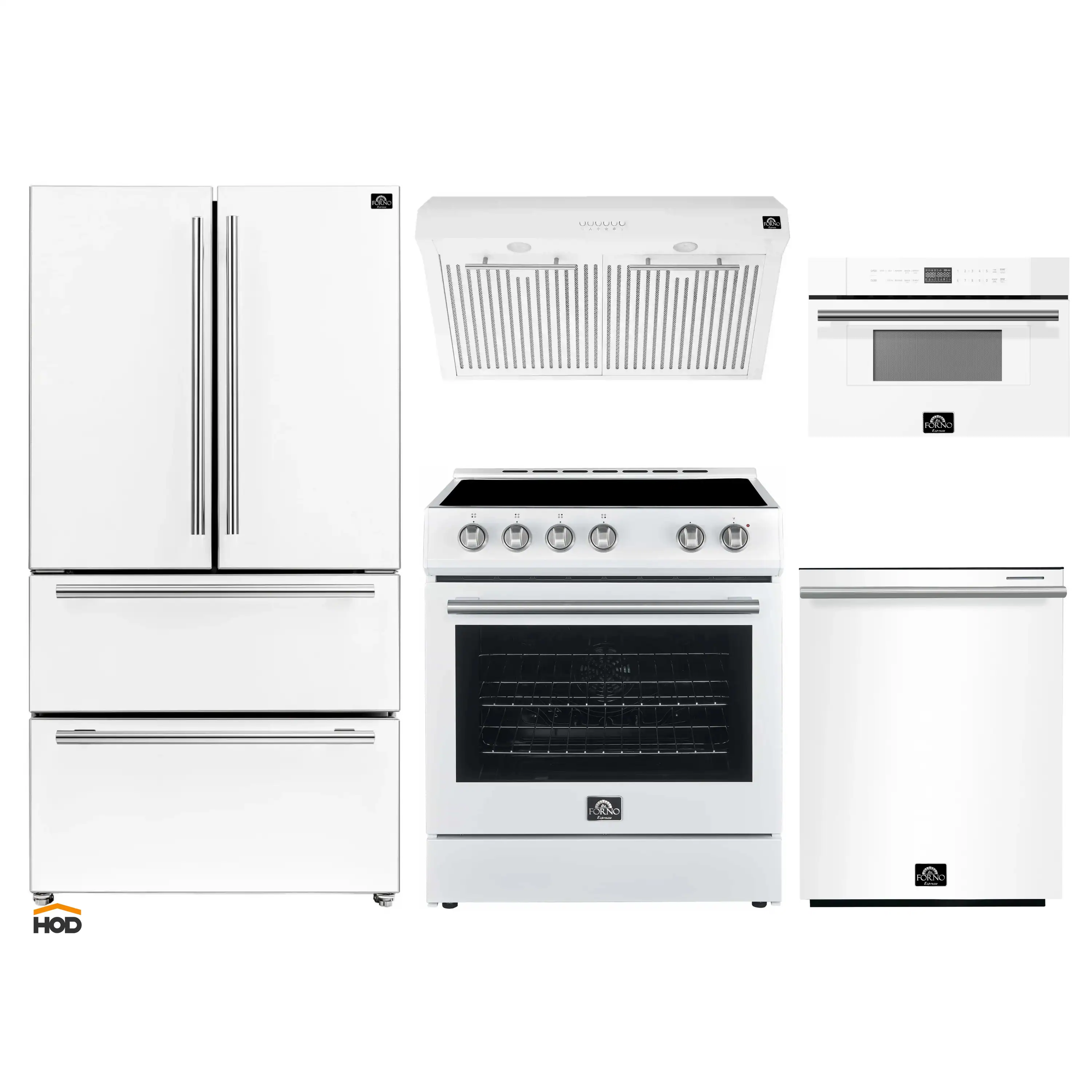 Forno 5-Piece Appliance Package - 30-Inch Electric Range, Under Cabinet Range Hood, Refrigerator, Dishwasher, and 30-Inch Microwave Oven in White with Stainless Steel Trim