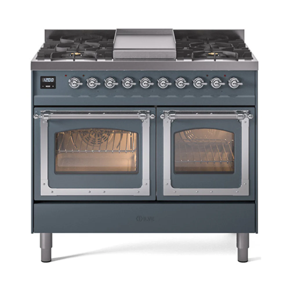 ILVE 40-Inch Nostalgie II Noblesse Dual Fuel Range with Triple Glass Door Oven in Blue Grey with Chrome Trim (UND40FNMPBGC)