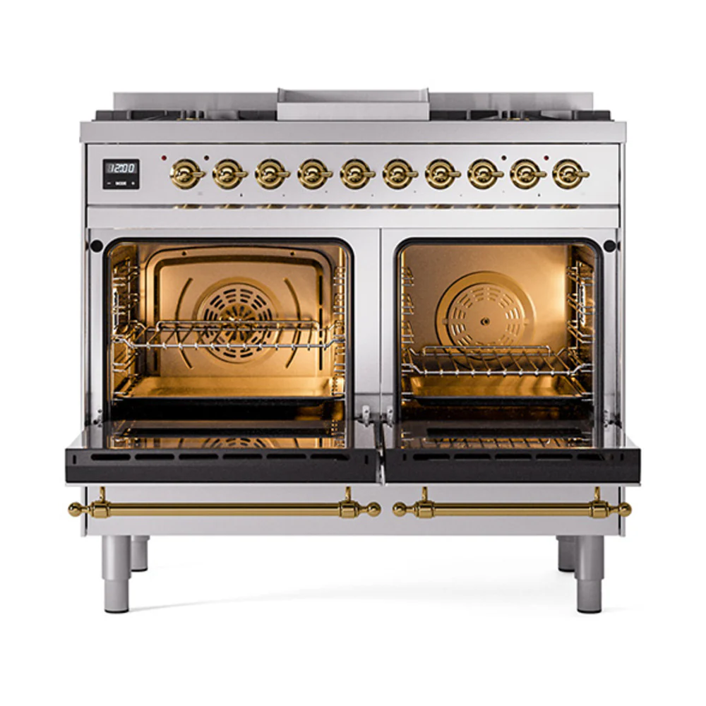 ILVE 40-Inch Nostalgie II Dual Fuel Range with 6 Burners, Griddle and Solid Door Oven in Stainless Steel with Brass Trim (UPD40FQNMPSSG)