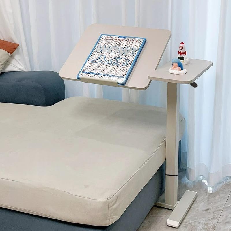KEIKI Overbed Bedside Desk, Mobile Rolling Laptop Stand Tilting Overbed Table with Wheels, Height Adjustable Tray Bedside Table for Laptop Bed Sofa, White