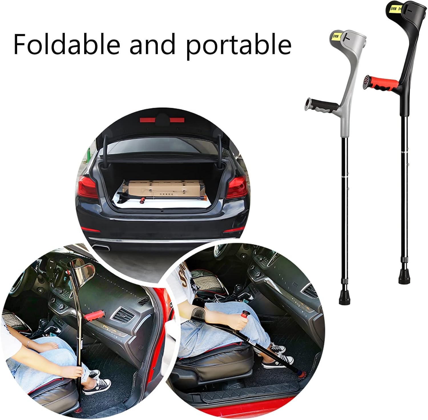 2pcs Walking Crutch - Crutches Collapsible, Long Use Time, Rubber Non-Slip, U-Shaped Elbow Rest, Forearm Crutches, Easy to Carry, Comfortable Grip, Support Injury/Disability, Elbow Crutches (Black)