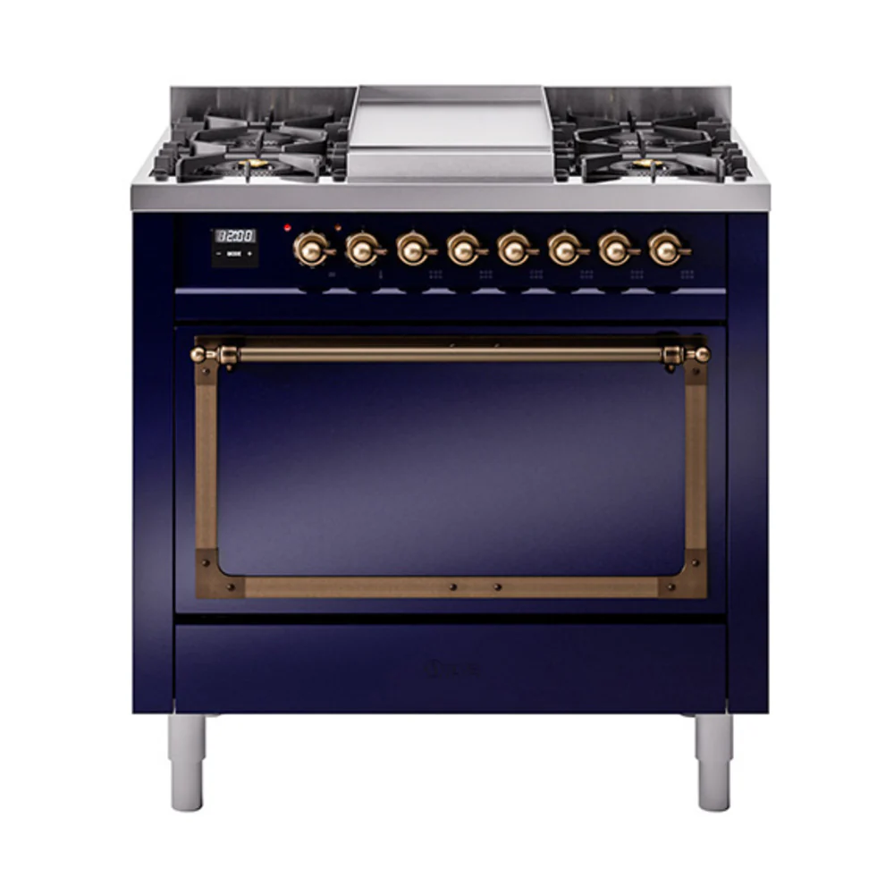 ILVE Nostalgie II Noblesse 36-Inch Dual Fuel Range and Solid Door Oven in Midnight Blue with Bronze Trim (UN36FQNMPMBB)