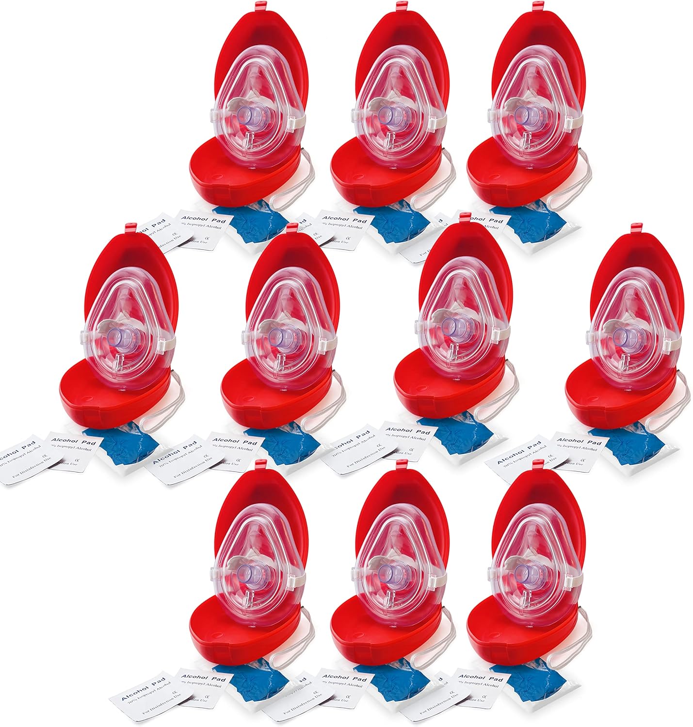 EMS XTRM Medical CPR Mask - CPR Pocket Resuscitator Mask, Oxygen Inlet, Elastic Head Strap, Clamshell Case, Antiseptic Prep Pads, and Gloves - Suitable for Adults/Child - 10 Pack