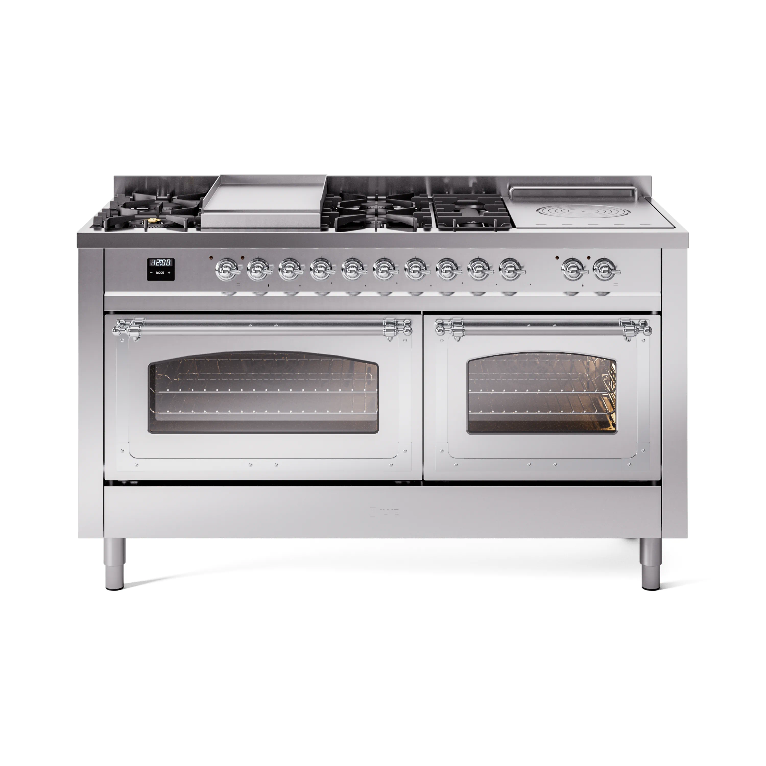 ILVE 60-Inch Nostalgie II Noblesse Dual Fuel Range with 7 Sealed Burners, Griddle, French Top, and Triple Glass Door Oven in Stainless Steel with Chrome Trim (UN60FSNMPSSC)