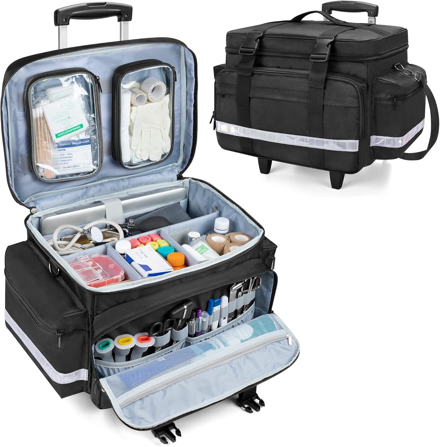 Damero Rolling Medical Bag with Detachable Trolley, Medical Equipment Bag with Removable Pouches and Dividers, First Aid Responder Bag Empty for Home Health Nurses, Doctors, EMT, EMS, Black