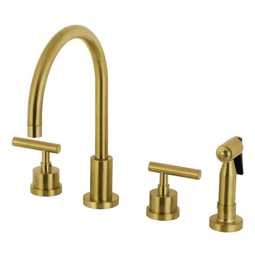 Kingston Brass Manhattan Double-Handle Widespread Kitchen Faucet with Brass Sprayer, Brushed Brass (KS8727CMLBS)