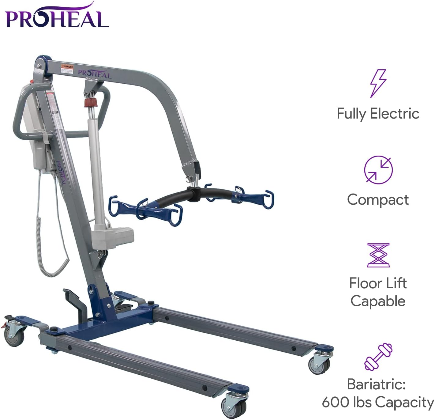 ProHeal Patient Lift - Safe and Easy Bariatric Full Body Patient Transfer Lifter for Home Use and Facilities - Floor, Low Bed and Chair Lifting, 600 LBS Weight Capacity, 6 Point Spreader Bar