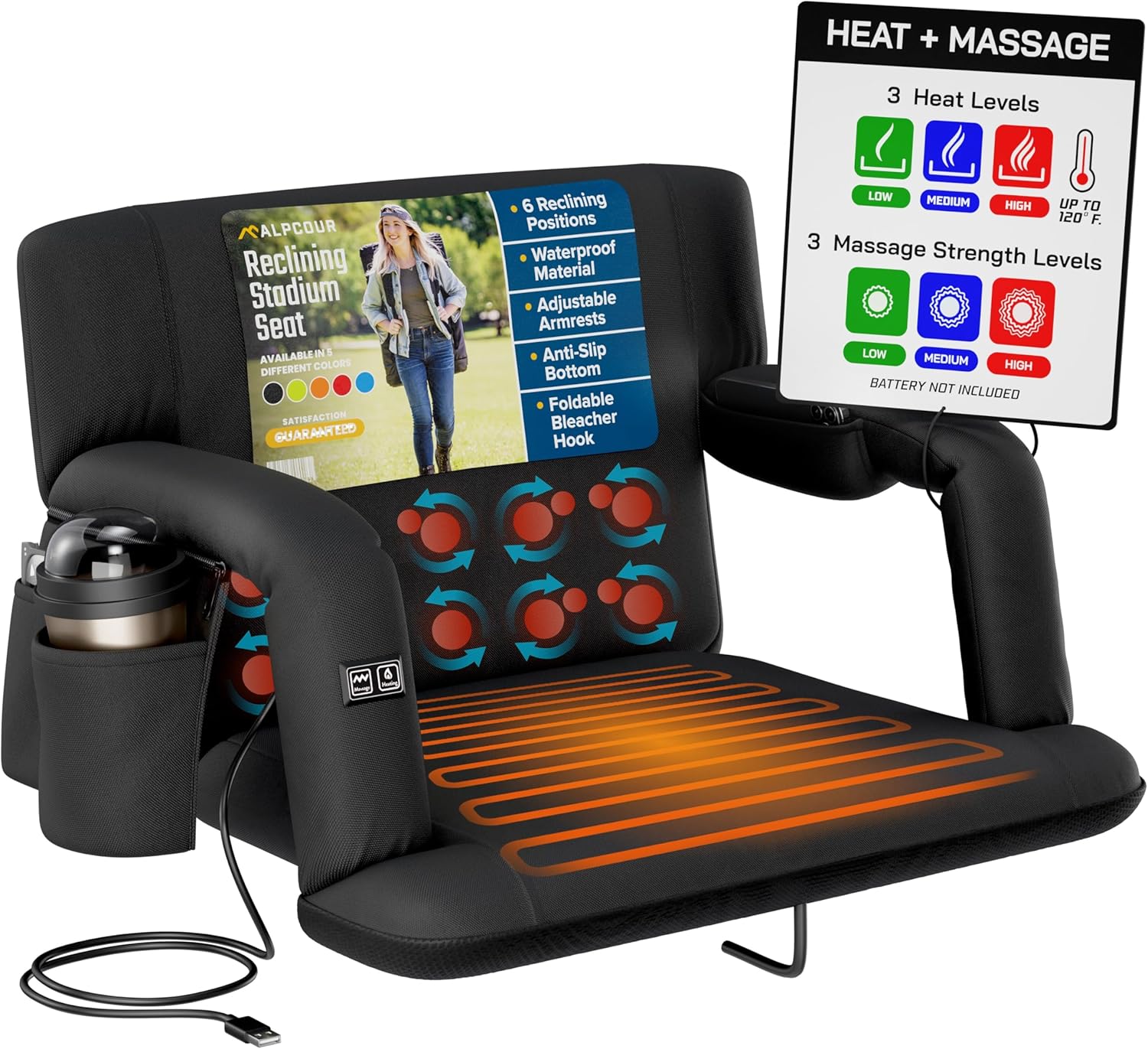 Alpcour Heating Massage Stadium Seat – Deluxe Extra-Wide Reclining Bleacher Chair with Back & Arm Support – Built-in Heater and Massager - Extra Thick, Lightweight & Waterproof (Extra Wide)