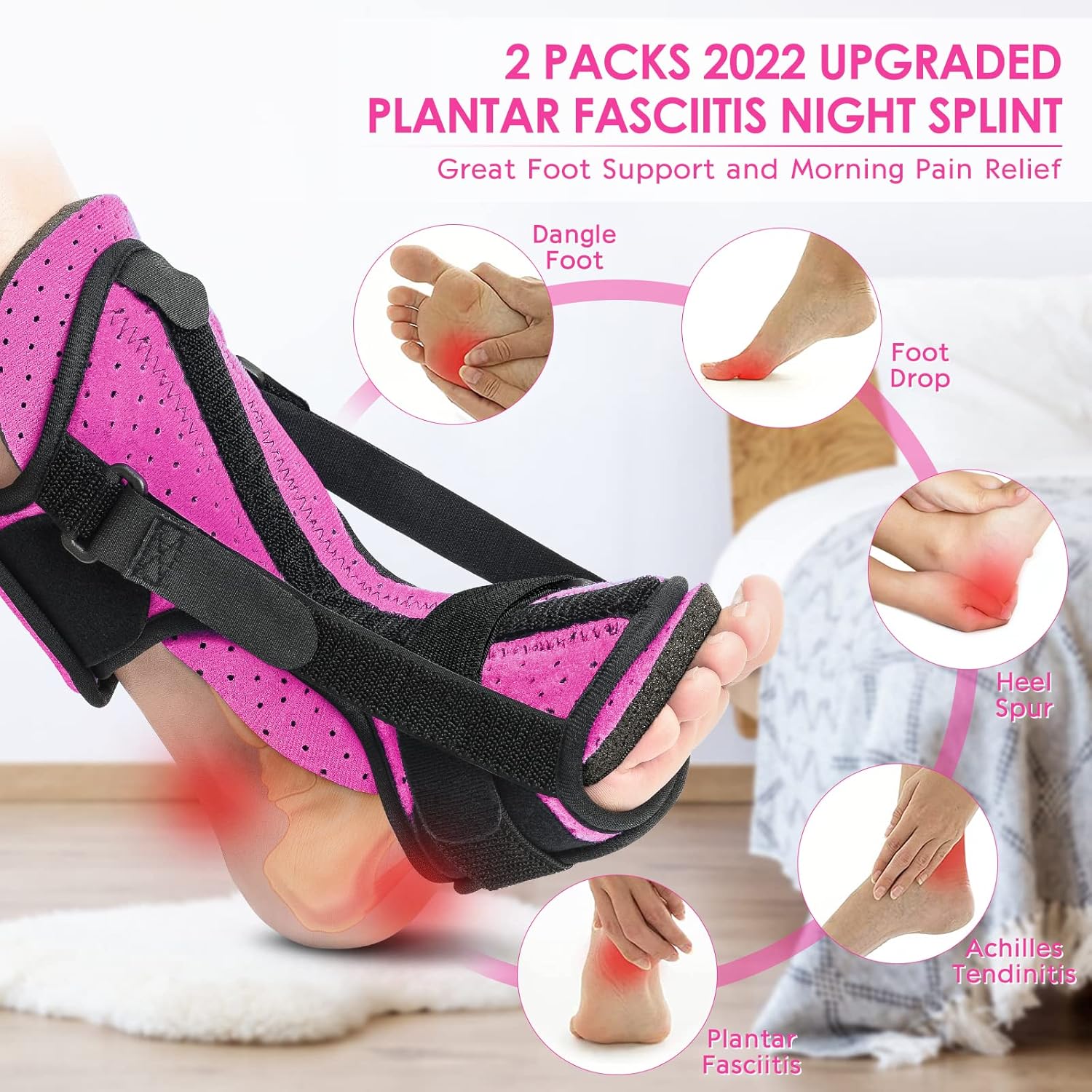 Plantar Fasciitis Night Splint: 2 Packs 2022 Upgraded Plantar Fasciitis Brace with Soft Memory Foam Pad | Ankle Brace for Plantar Fasciitis Relief Achilles Tendonitis Relief Foot Drop Heel Arch Pain