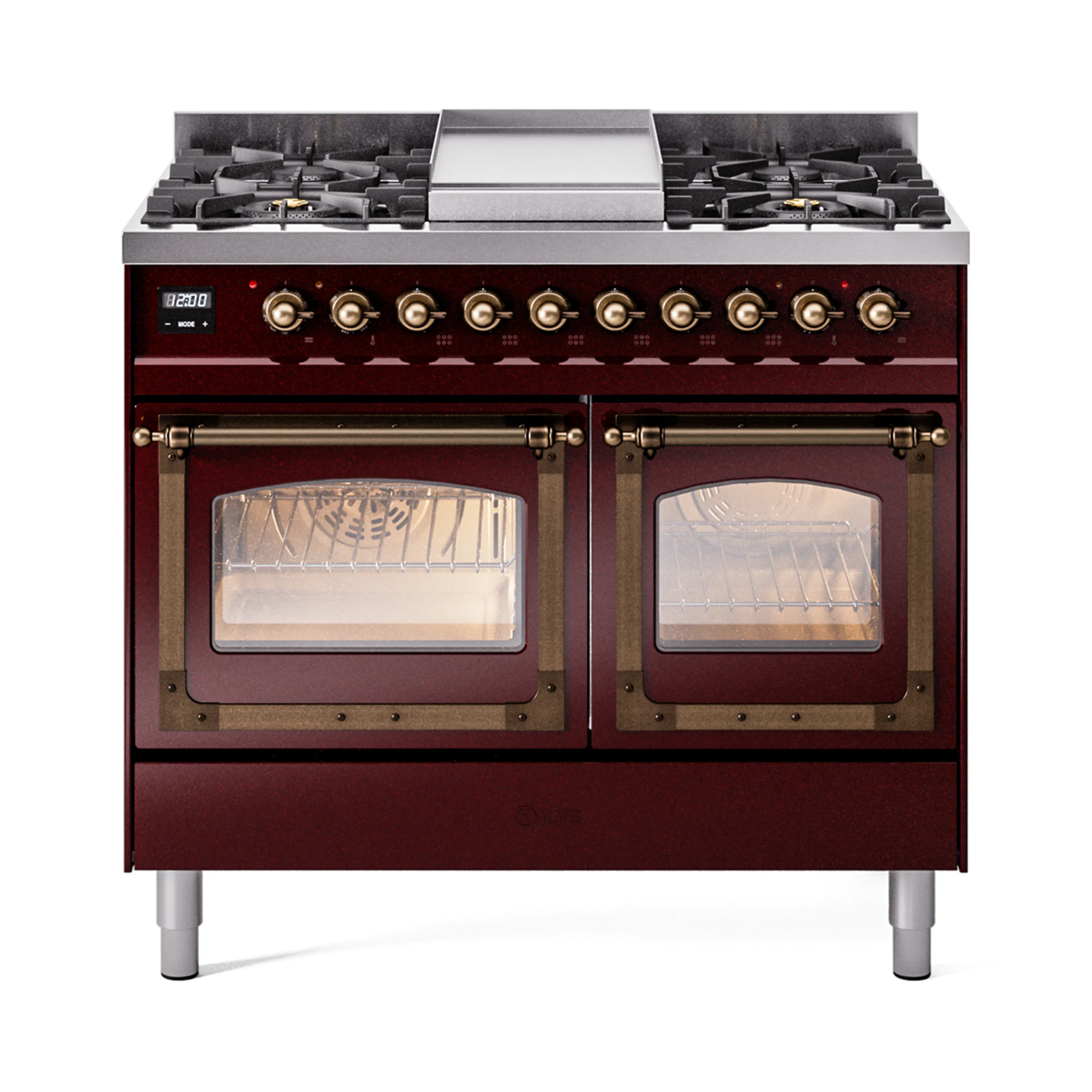 ILVE 40-Inch Nostalgie II Noblesse Dual Fuel Range with Triple Glass Door Oven in Burgundy with Bronze Trim (UND40FNMPBUB)