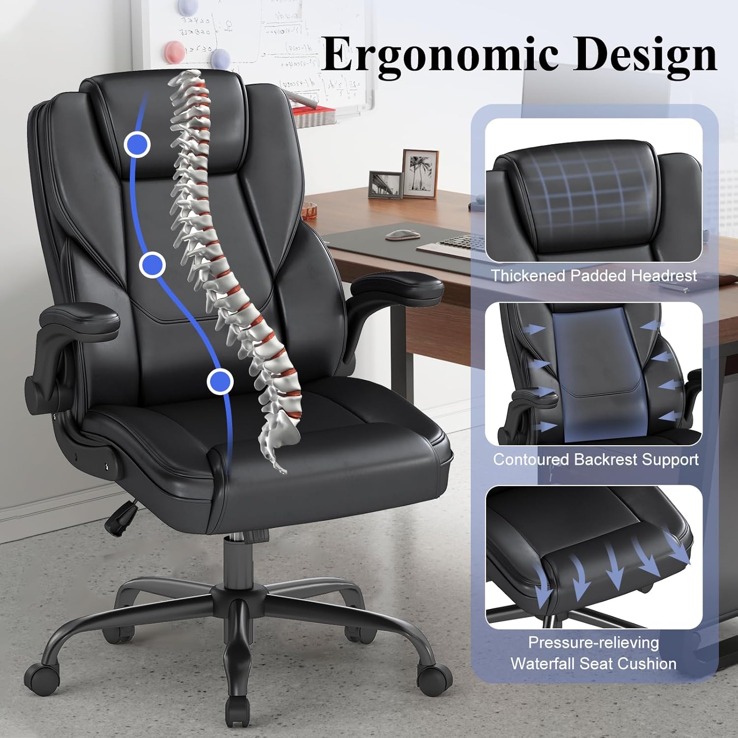 ZZH Ergonomic Executive Office Chair, Mid Back PU Leather Computer Desk Chair with Flip-Up Armrests, Lumbar Support, Adjustable Height and Rocking Function, 1PC, Black