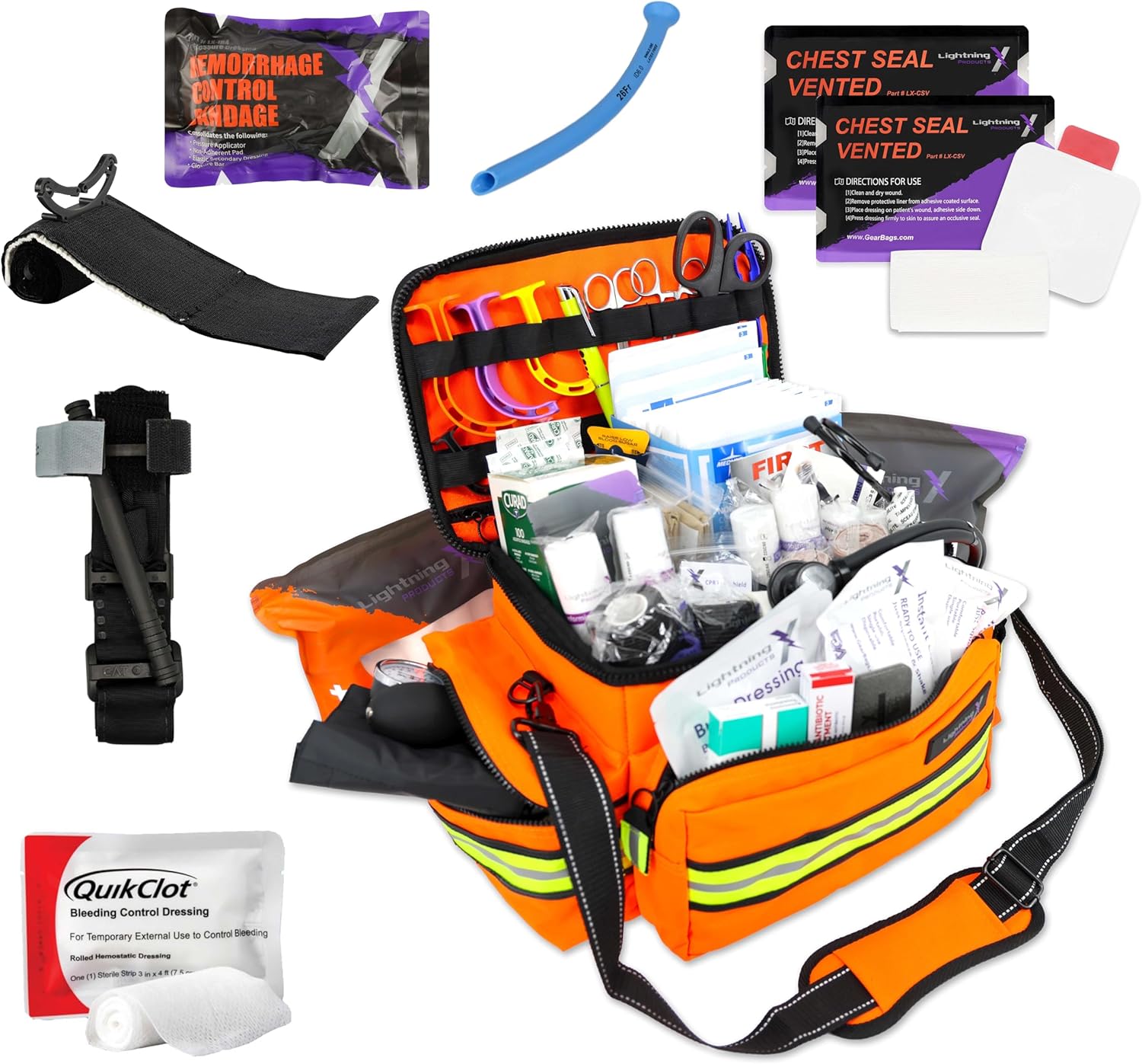 Lightning X Mid-Sized First Responder EMT Bag | LXMB25 | Fully Stocked w/ 248+ First Aid Supplies + Trauma Pak w/C.A.T. Tourniquet & QuikClot - Orange