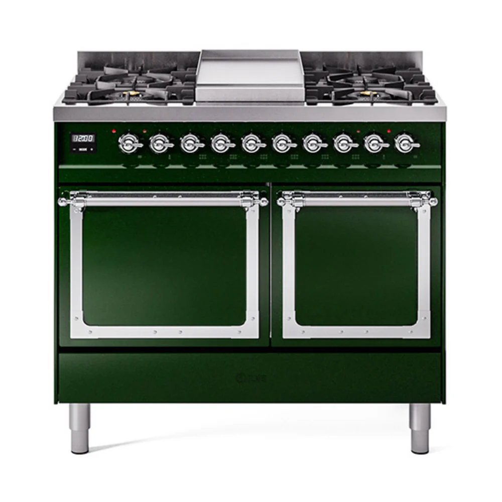 ILVE 40-Inch Nostalgie II Noblesse Dual Fuel Range with Solid Door Oven in Emerald Green with Chrome Trim (UND40FQNMPEGC)