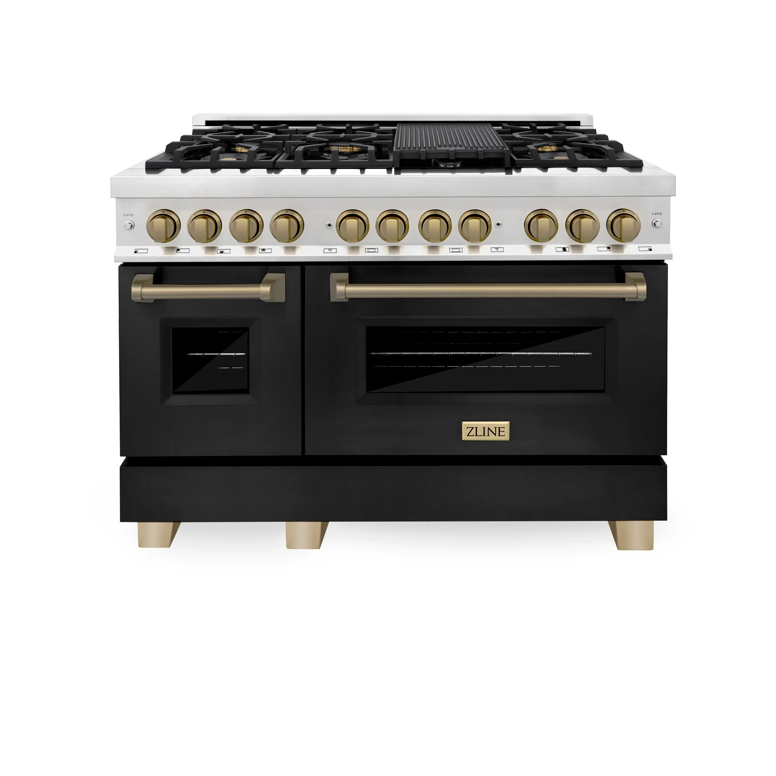 ZLINE Legacy Series Autograph Edition 48-inch Dual Fuel Range with Gas Stove and 6.0 Cu. Ft. Electric Oven in Stainless Steel with Black Matte Door and Champagne Bronze Accents (RAZ-BLM-48-CB)