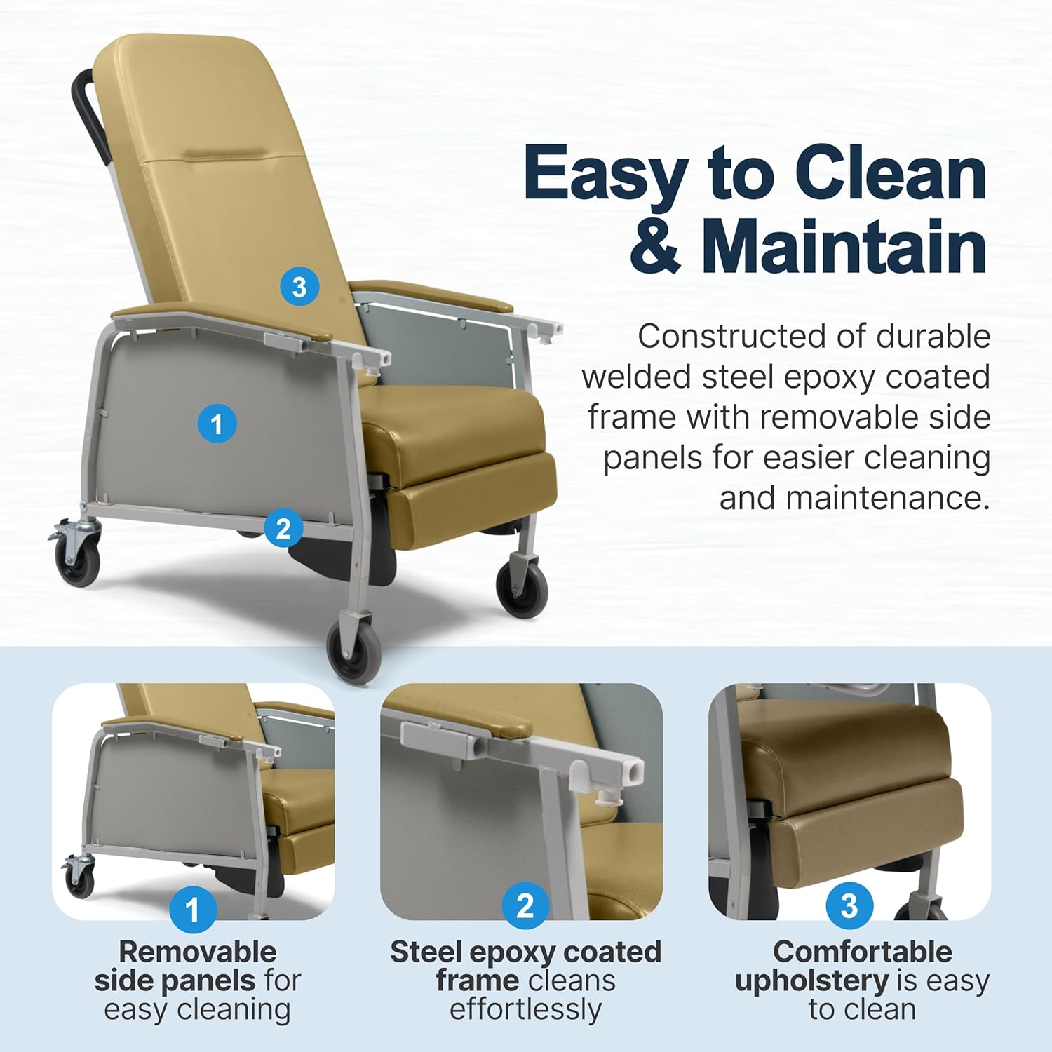 Lumex 3-Position Medical Recliner, Reclining Geri Chair with Wheels, Vintage Gold