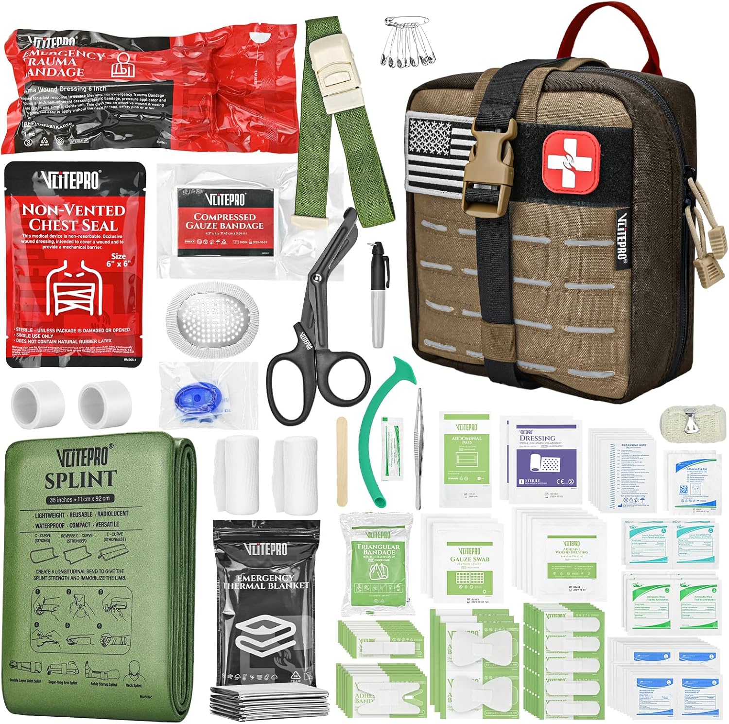 144 Pcs Advanced Trauma First Aid Kit - Emergency Camping Gear with Tourniquet, Compression Bandage, 36