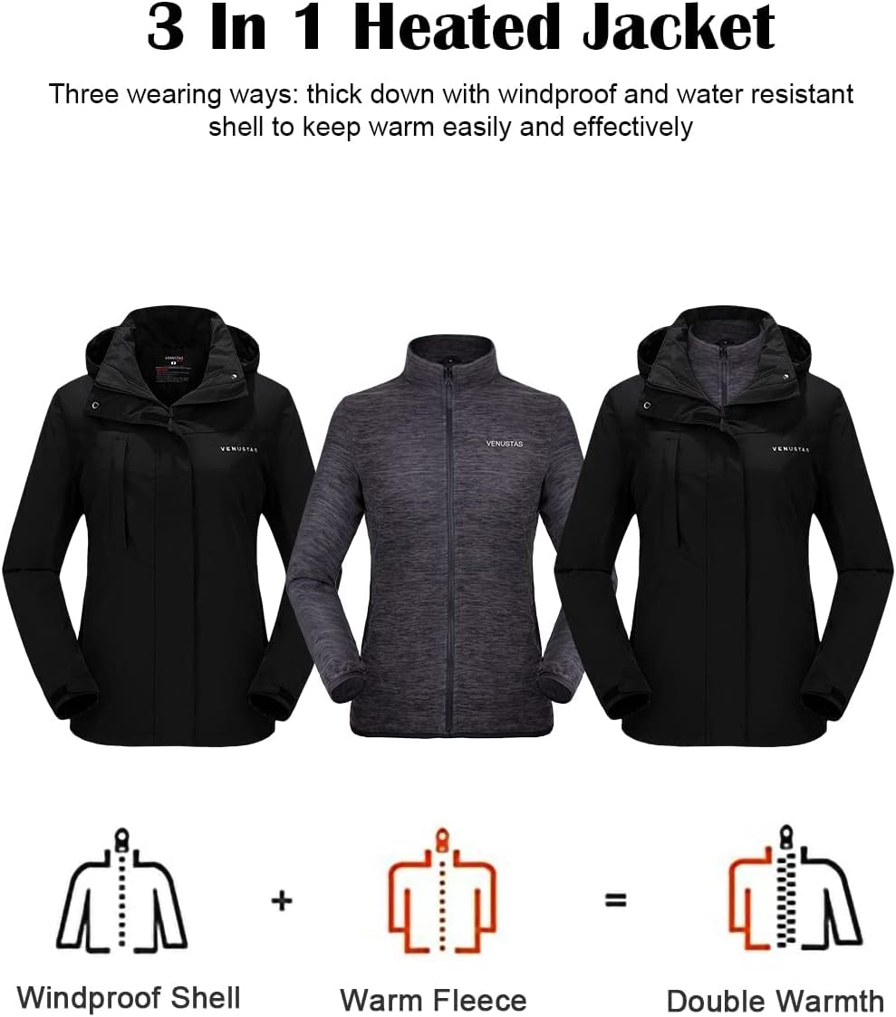 Venustas Women’s 3-in-1 Heated Jacket with Battery, Waterproof Skiing Jacket with Hood