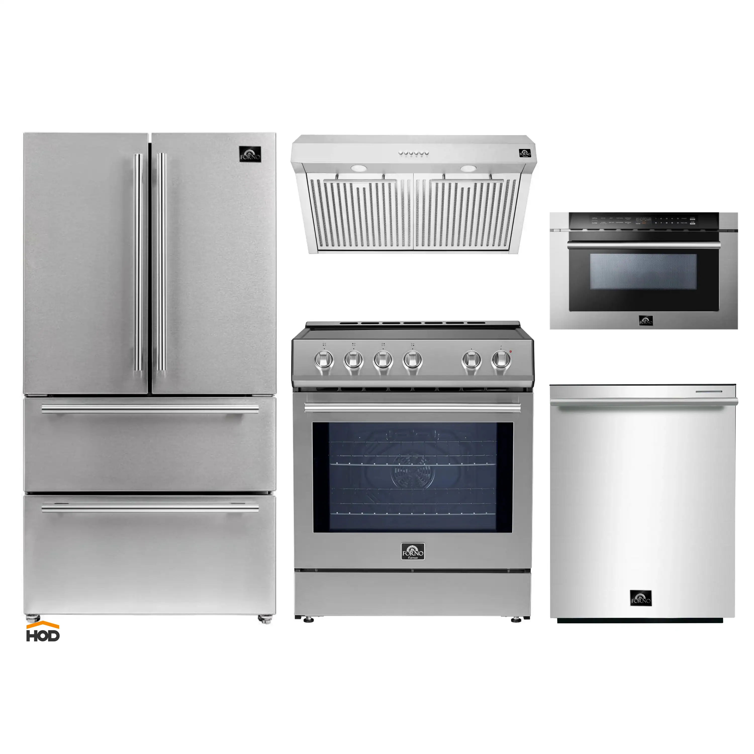 Forno 5-Piece Appliance Package - 30-Inch Induction Range, Under Cabinet Range Hood,  French Door Refrigerator, Dishwasher, and  Microwave Drawer in Stainless Steel