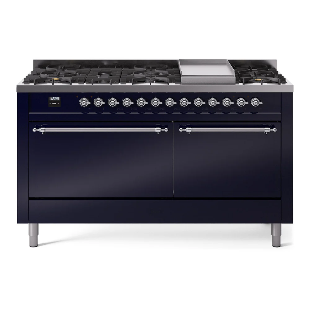ILVE 60-Inch Nostalgie II Dual Fuel Range with 9 Burners, Griddle, and Solid Door Oven in Midnight Blue with Chrome Trim (UP60FQNMPMBC)