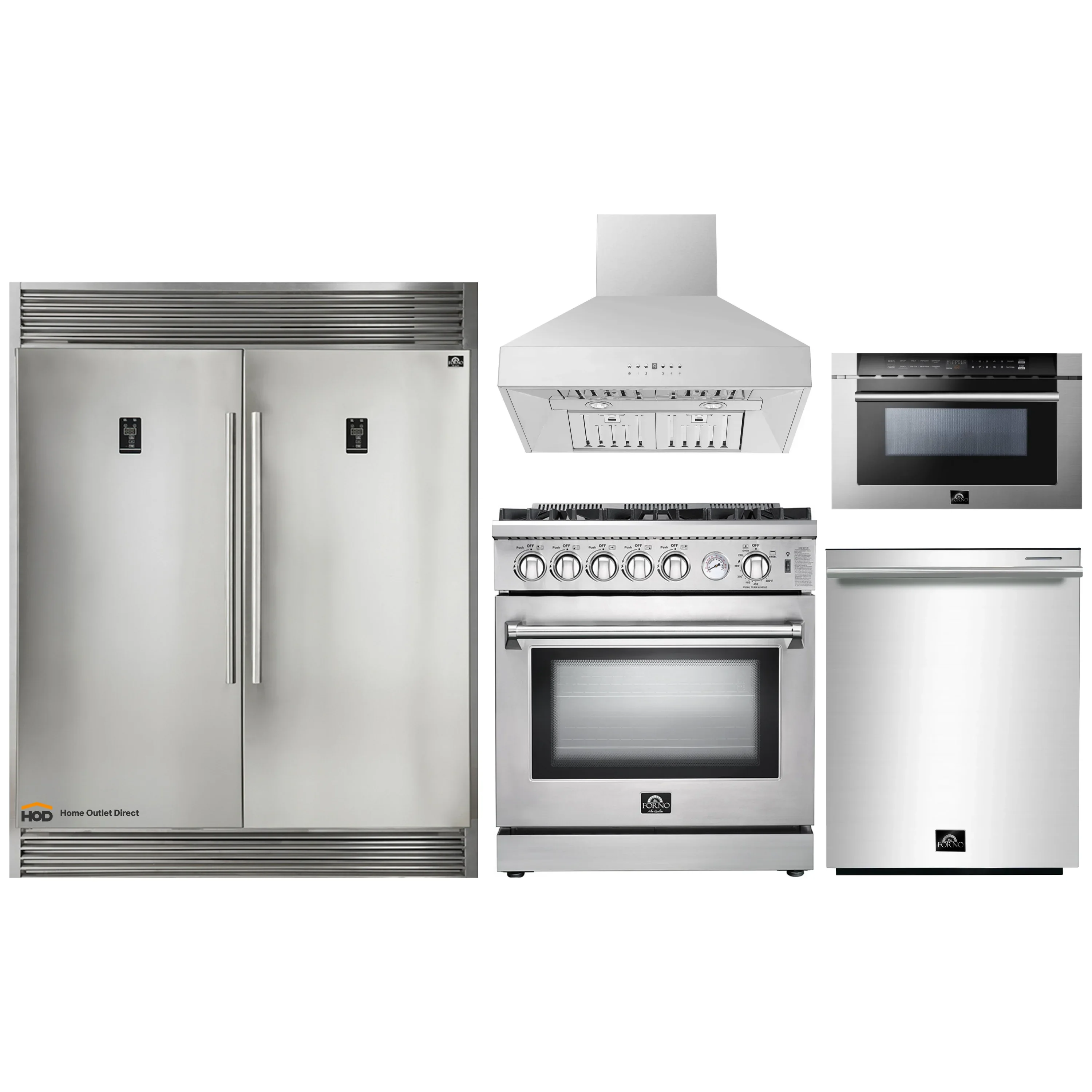 Forno 5-Piece Appliance Package - 30-Inch Gas Range, 60-Inch Pro-Style Refrigerator, Wall Mount Hood, Microwave Drawer, & 3-Rack Dishwasher in Stainless Steel
