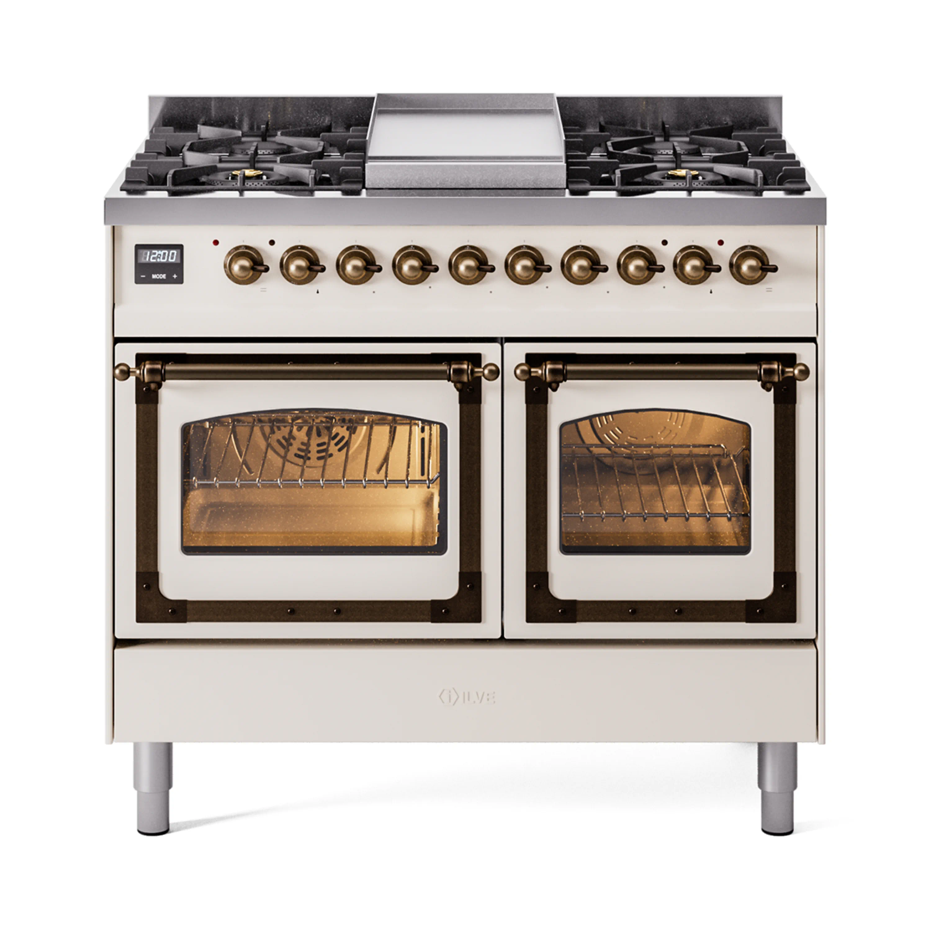 ILVE 40-Inch Nostalgie II Noblesse Dual Fuel Range with Triple Glass Door Oven in Antique White with Bronze Trim (UND40FNMPAWB)