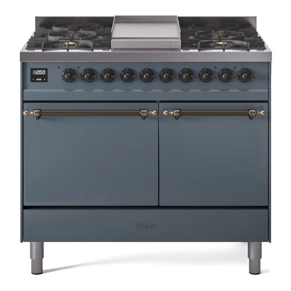 ILVE 40-Inch Nostalgie II Dual Fuel Range with 6 Burners, Griddle and Solid Door Oven in Blue Grey with Bronze Trim (UPD40FQNMPBGB)