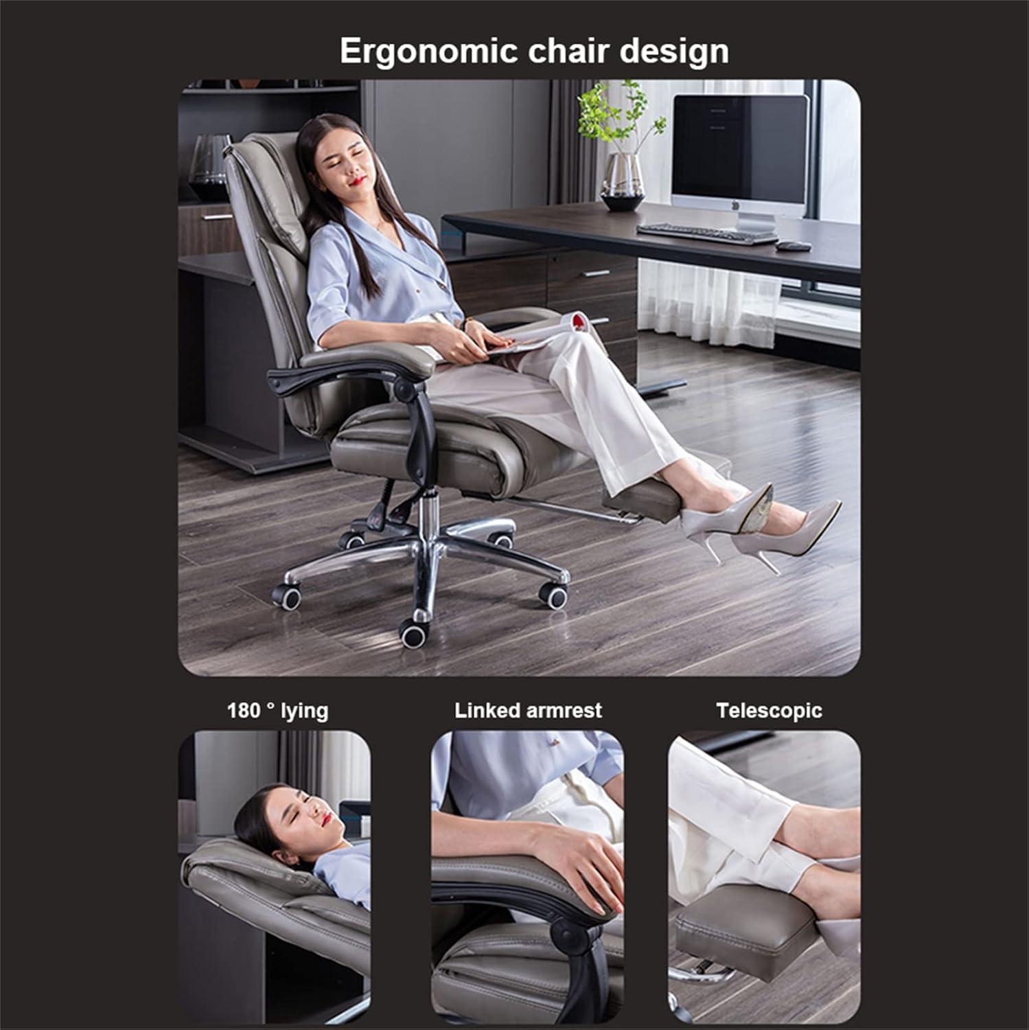 Home Office Chair,Swivel Chair,Computer Desk Chair,Adjustable Executive Leather Chair with Armrest and Feet, Ergonomic High Back Cushion Lumbar Back Support,BlackKhaki-A