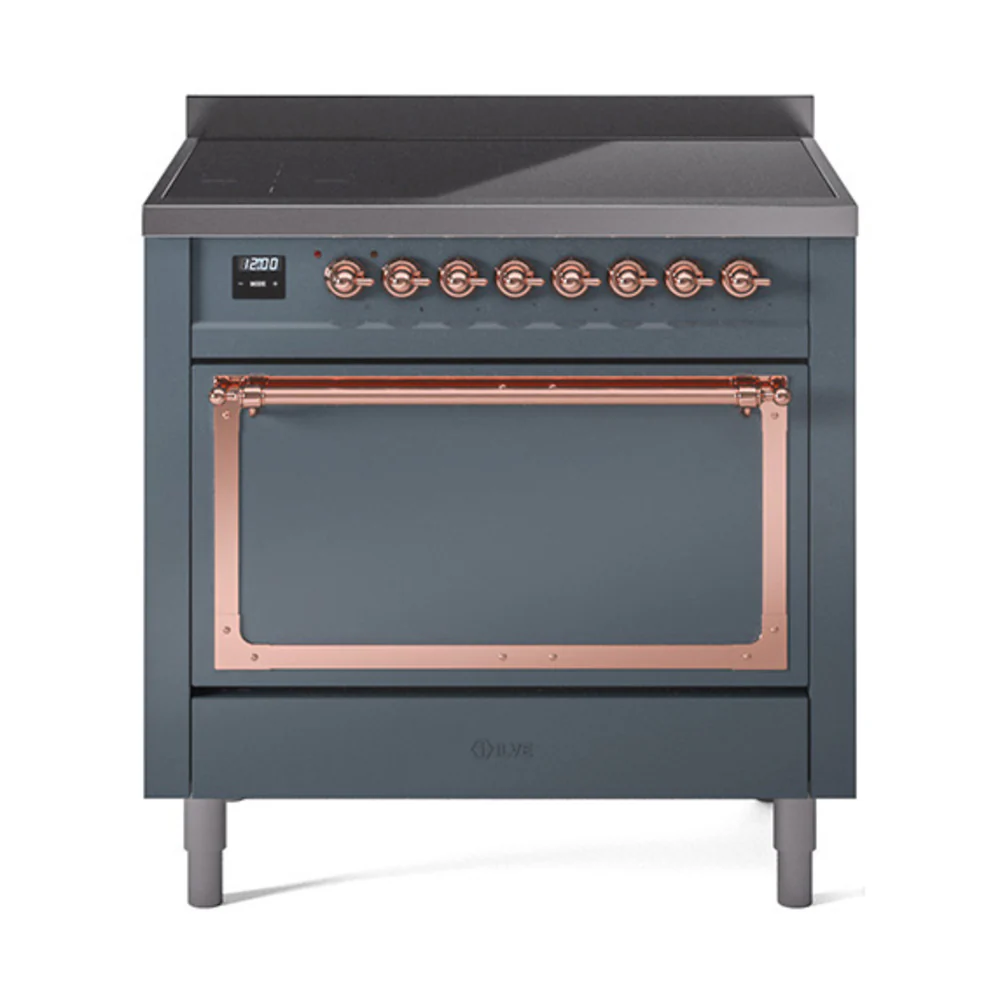 ILVE Nostalgie II Noblesse 36-Inch Induction Range with Solid Door in Blue Grey with Copper Trim (UNI366QNMPBGP)