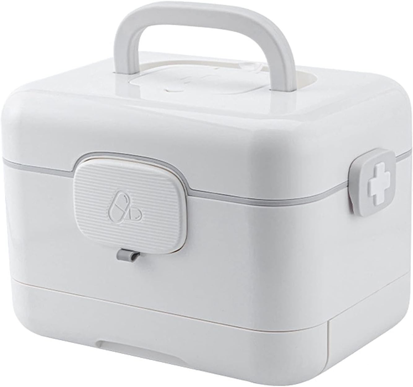 Double-Layer First Aid Medicine Storage Box with Lock, Plastic Medical Organizer Case for Home, Travel, Camping Use(Gray,34 * 24 * 23cm)