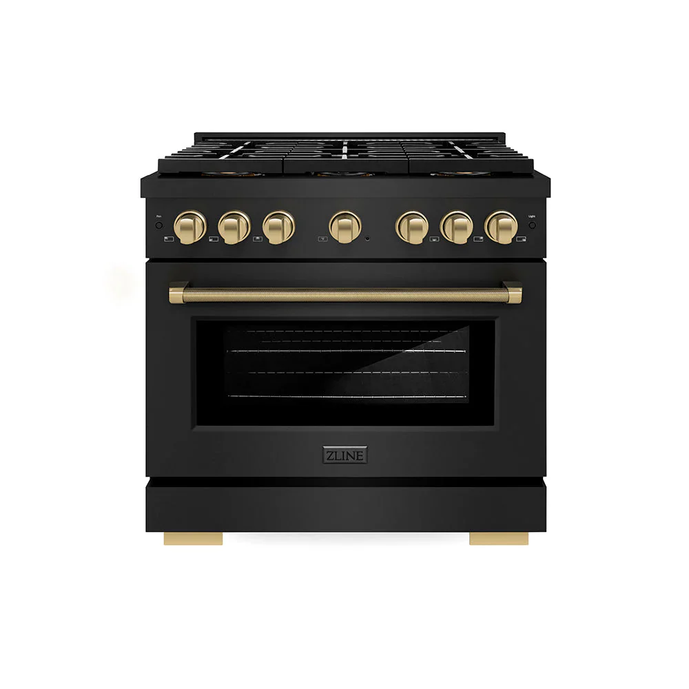 ZLINE Autograph 36-Inch Paramount DuoPro Gas Range in Black Stainless Steel with Champagne Bronze Helix Handle (PSGRBZ-36-KCB)